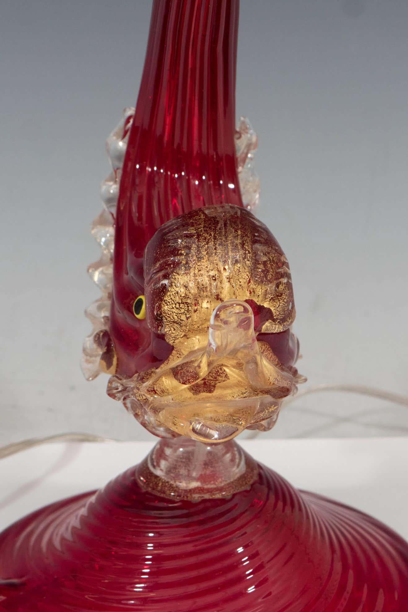 20th Century Barovier Toso Attr. Red Murano Glass Dolphin Lamp For Sale