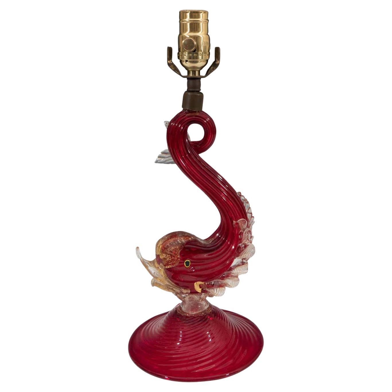 Barovier Toso Attr. Red Murano Glass Dolphin Lamp For Sale