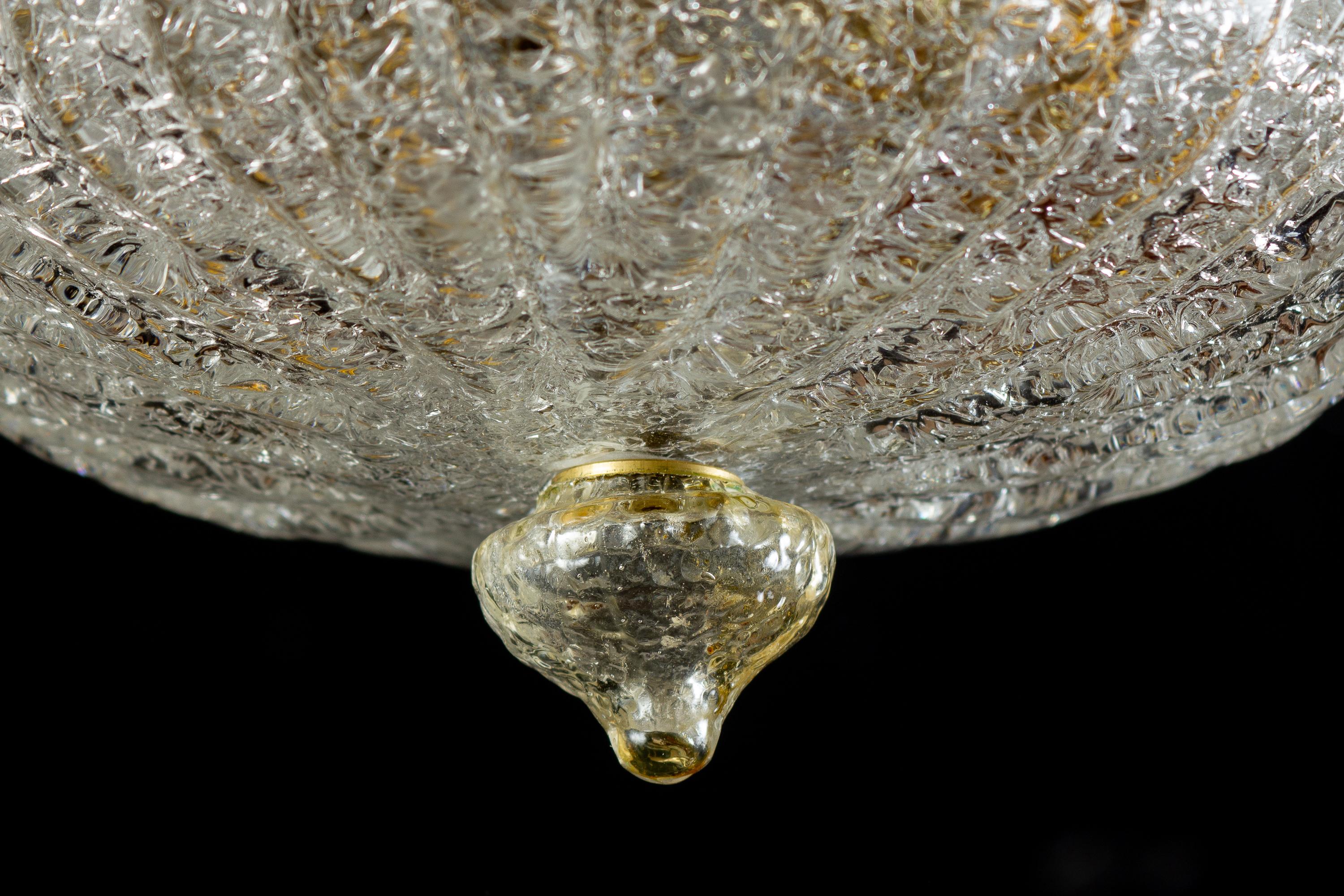 20th Century Barovier & Toso Brass Frame Murano Glass Ceiling Light or Flushmount