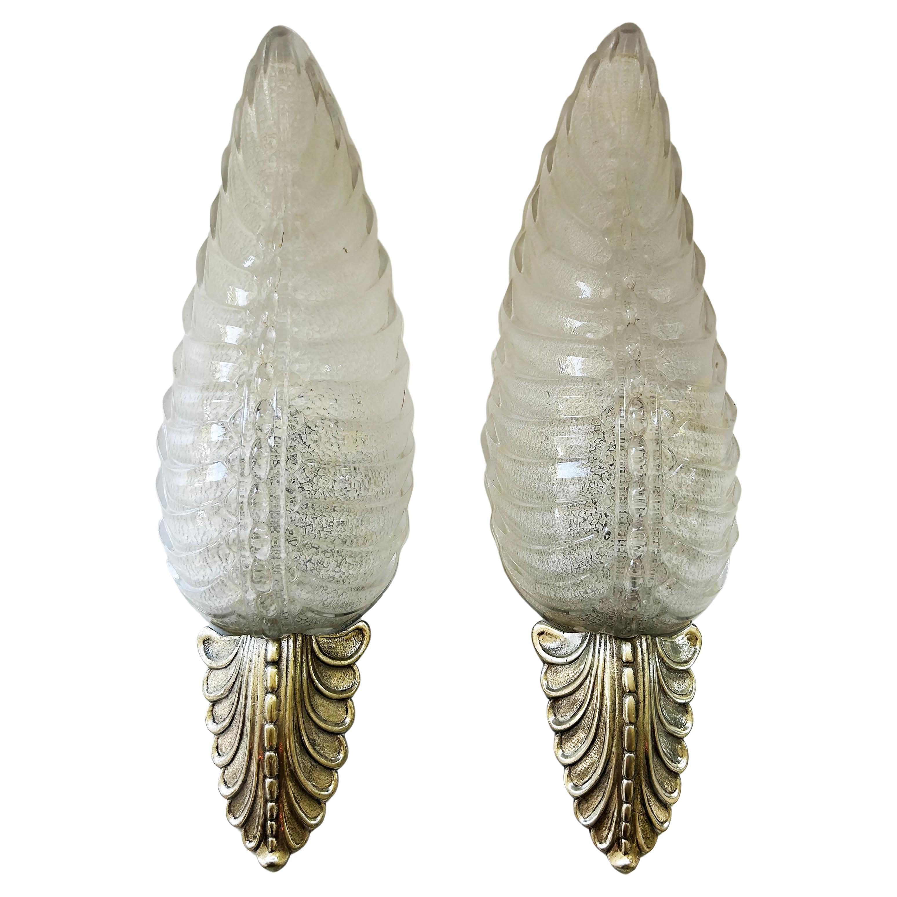  Barovier & Toso Bronze and Murano Glass Leaf Sconces with Gold Infusions For Sale