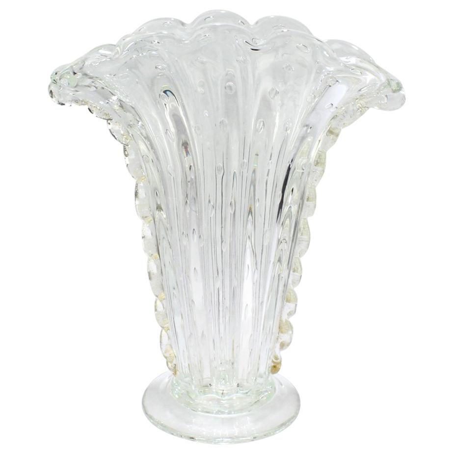 Barovier & Toso Bullicante Clear and Gold Foil Murano Glass Fan Flower Vase