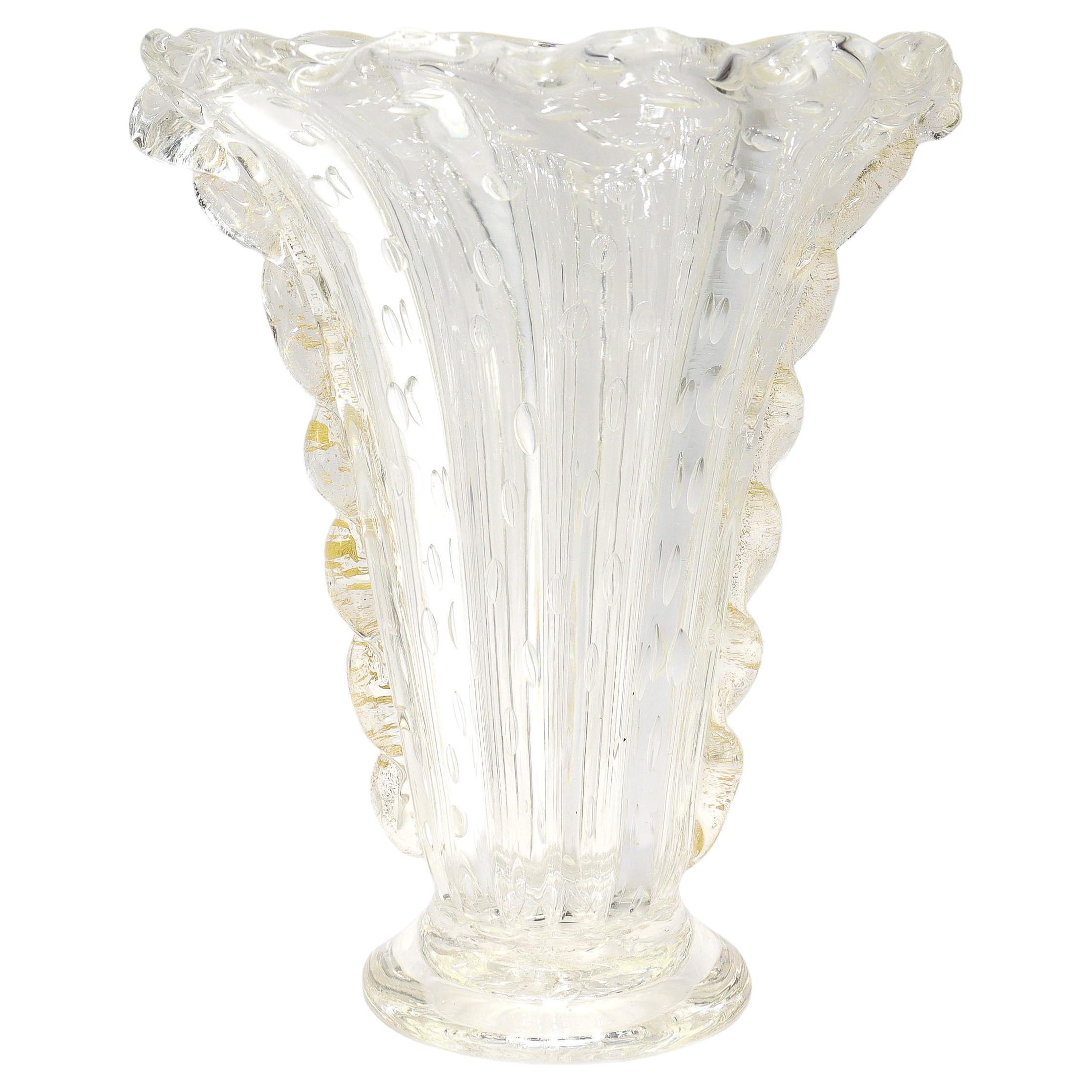 Barovier & Toso Bullicante Blumenvase aus klarem Murano-Glas mit Goldfolie im Angebot