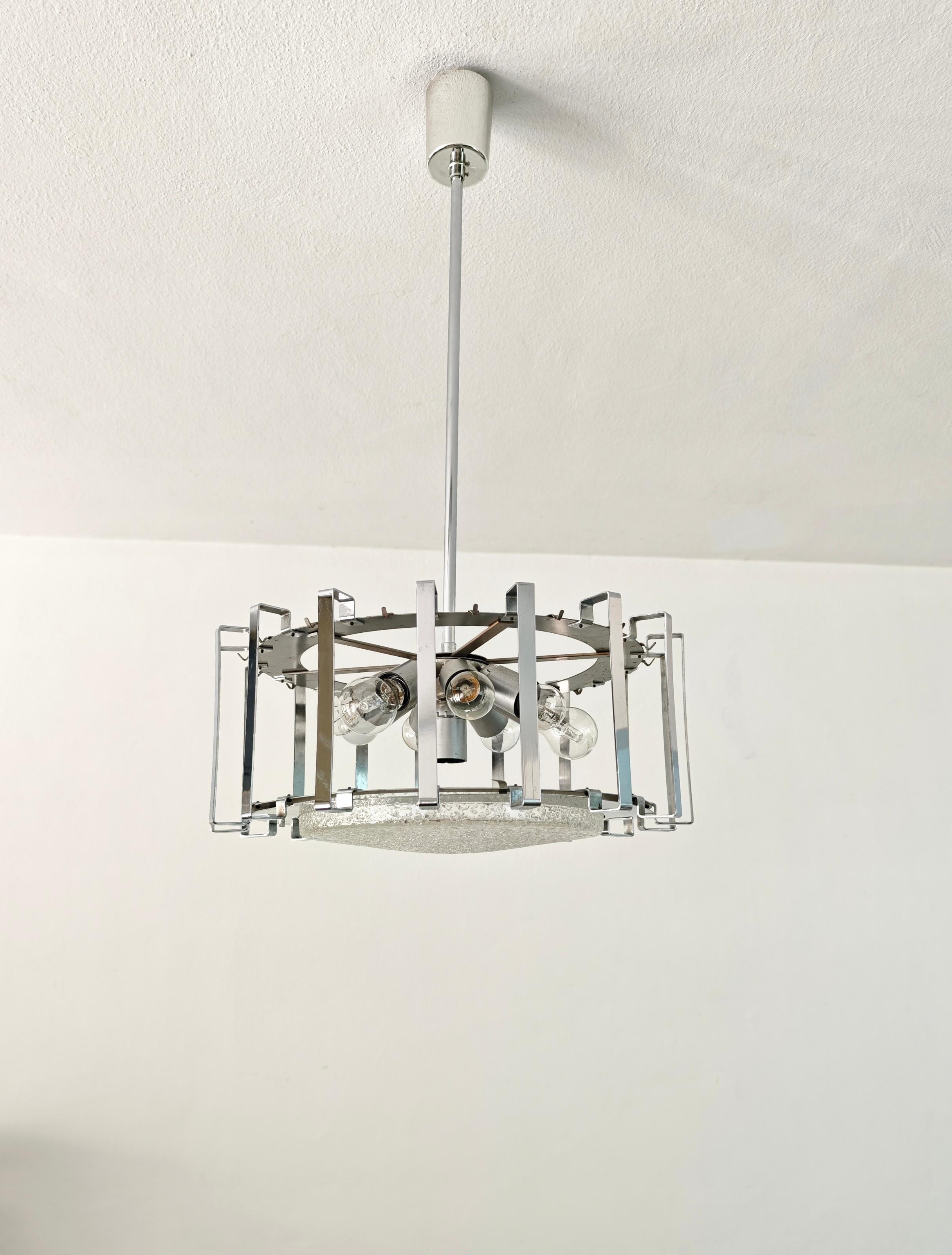 Mid-Century Modern Barovier & Toso Chandelier Glass and Brass Metal Chrome Mid-Century Italy 1969s For Sale