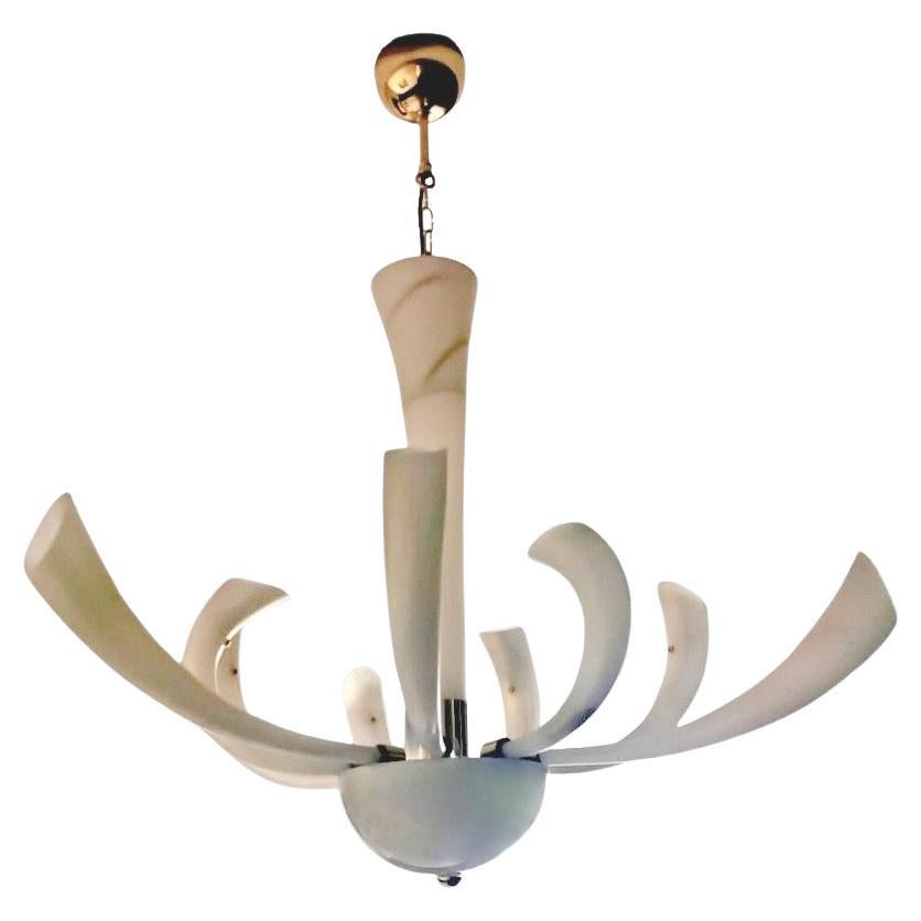 Barovier & Toso Chandelier Mod. "Fireworks" Murano Glass Opaline With Gold For Sale