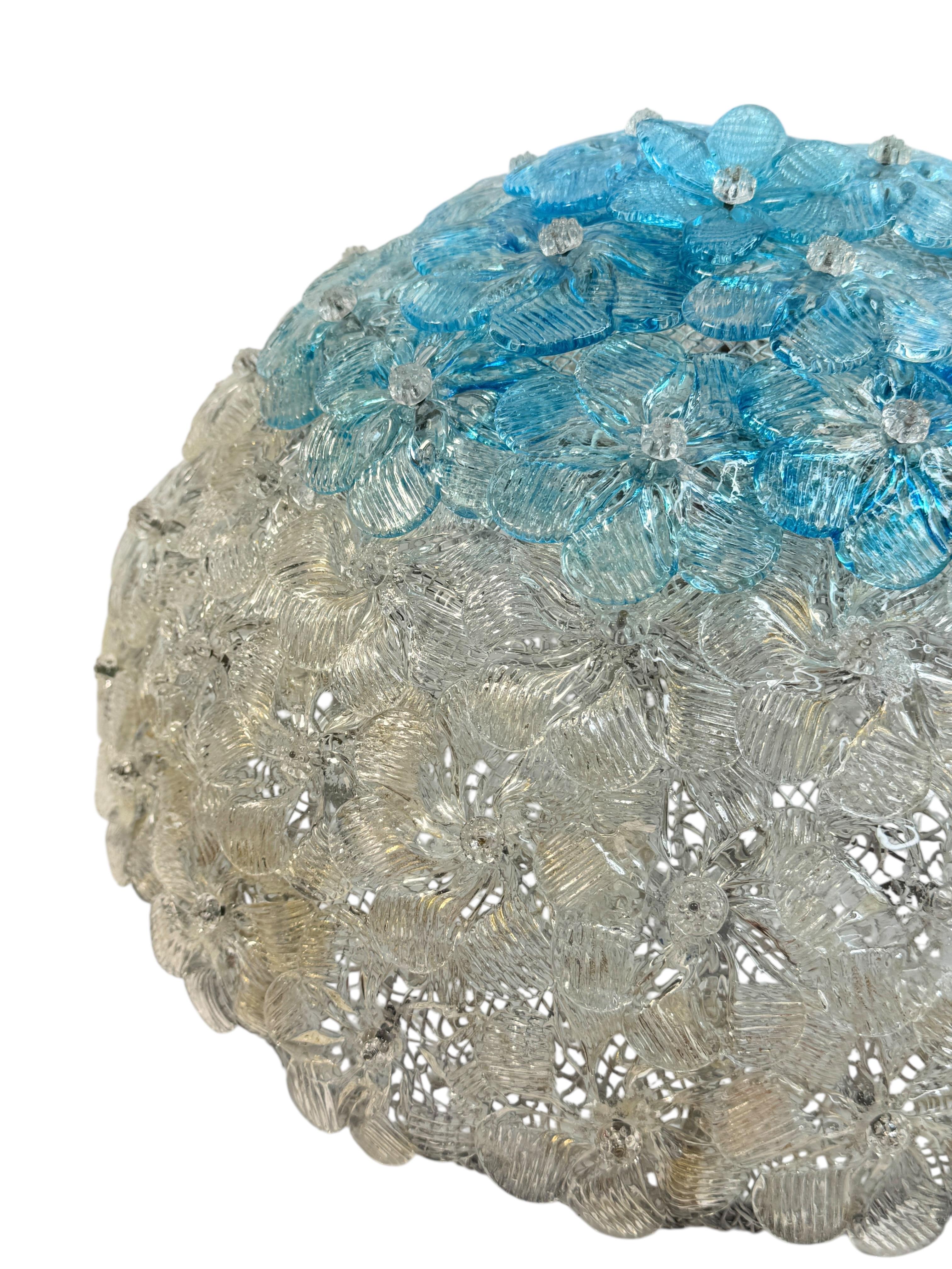 Moderne Barovier&Toso, fleur en verre de Murano transparent et couleur turquoise, 1960s en vente