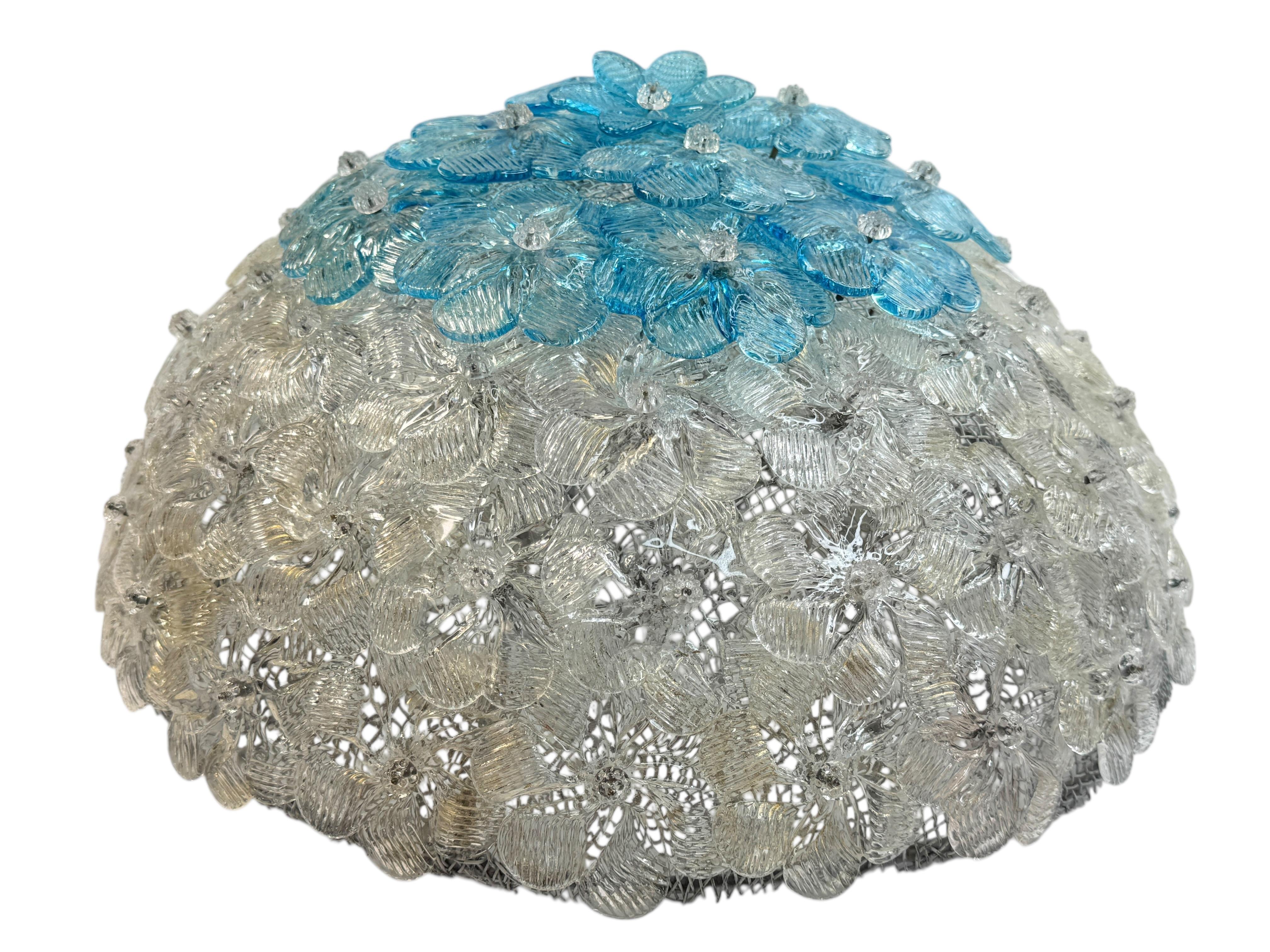 italien Barovier&Toso, fleur en verre de Murano transparent et couleur turquoise, 1960s en vente