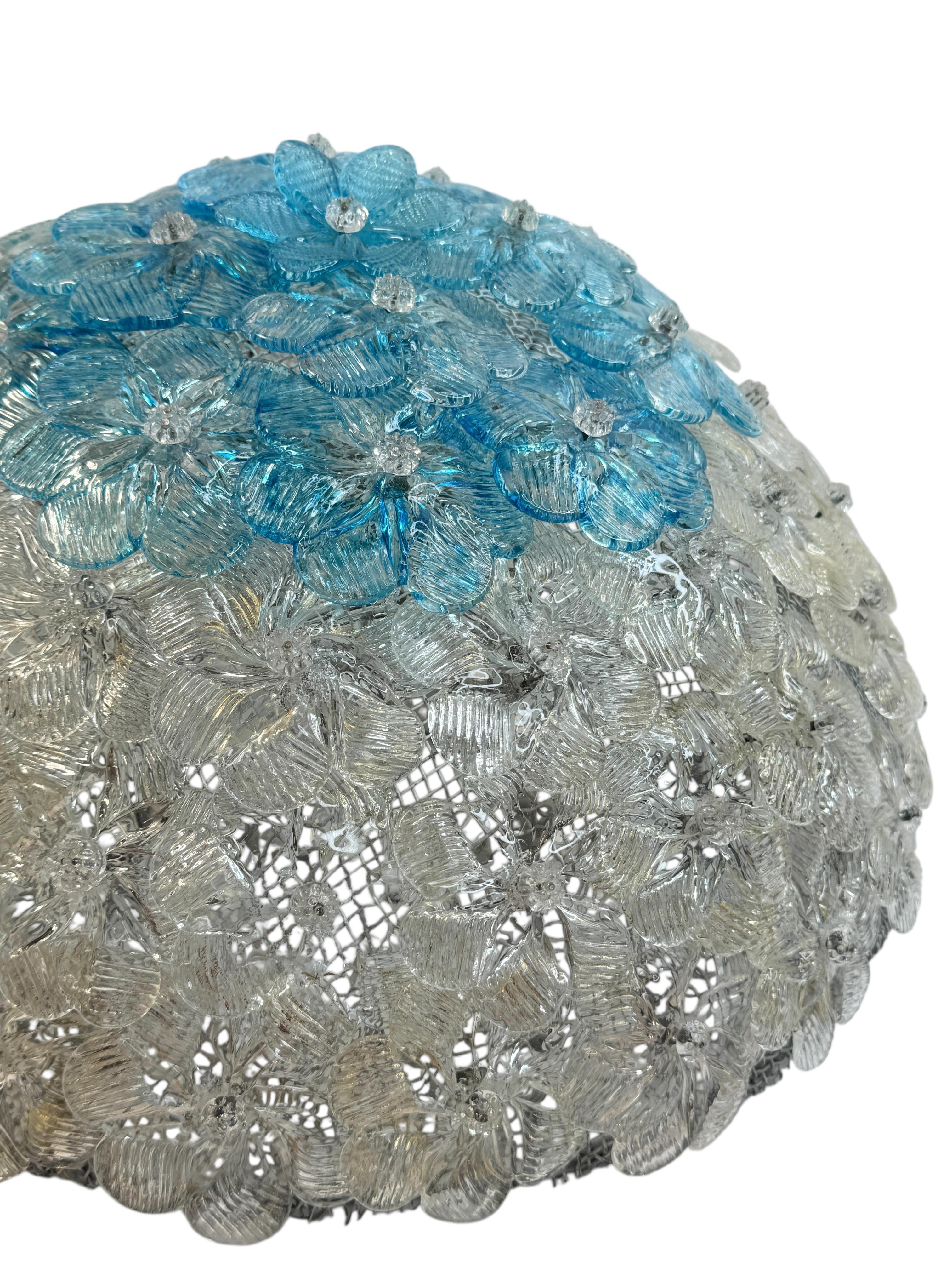 Métal Barovier&Toso, fleur en verre de Murano transparent et couleur turquoise, 1960s en vente