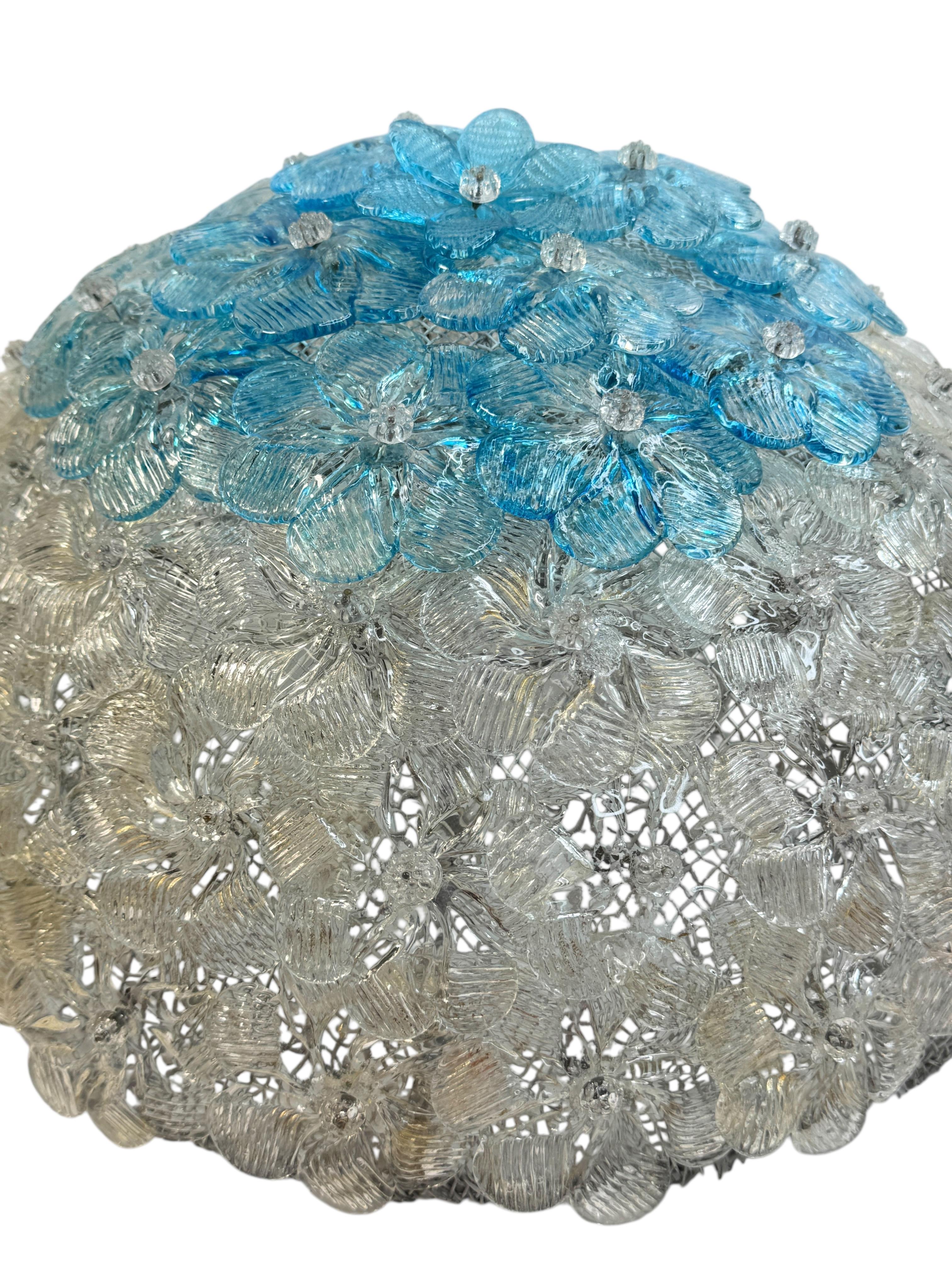 Barovier&Toso, fleur en verre de Murano transparent et couleur turquoise, 1960s en vente 1