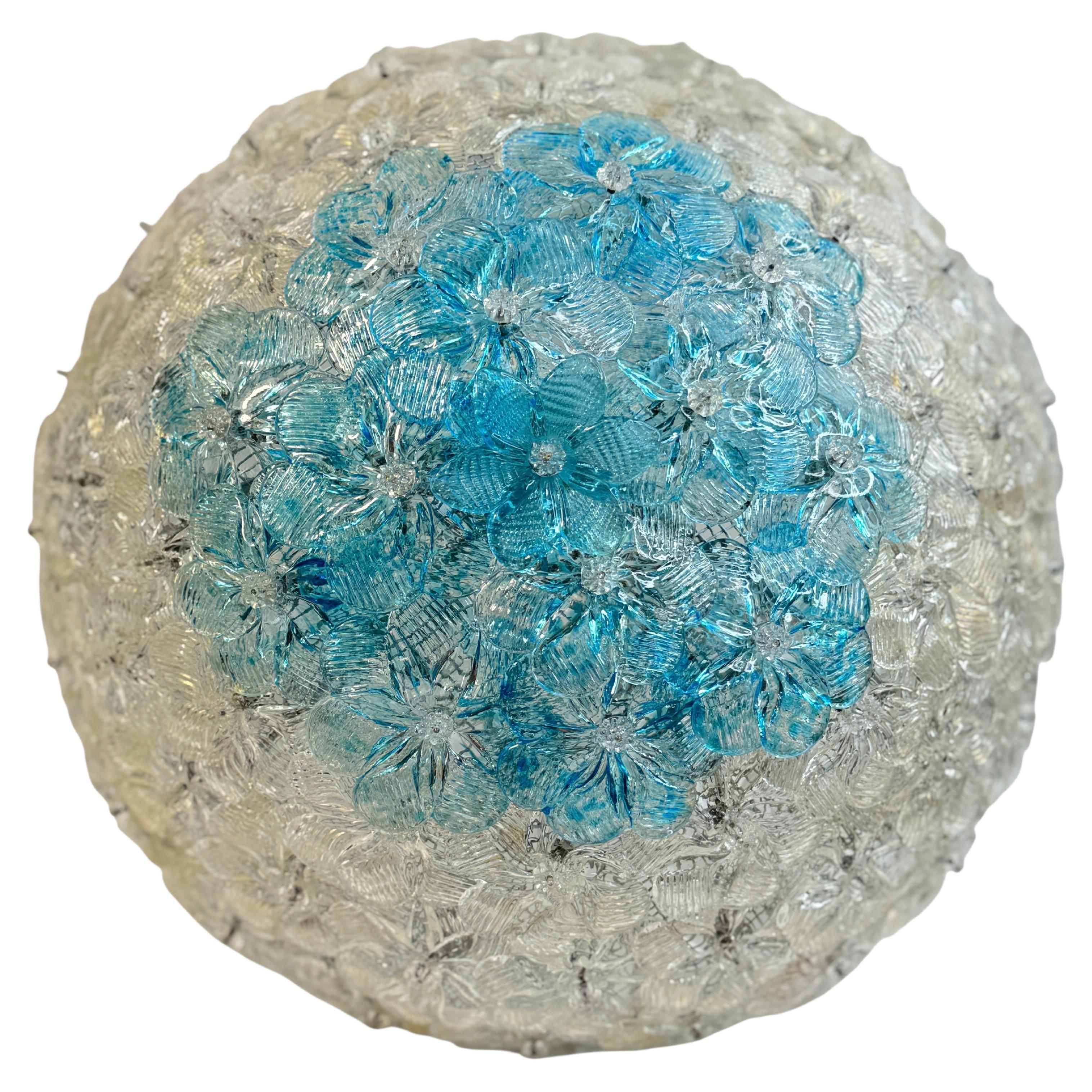 Barovier Toso Flush Mount Murano Glass Clear and Turquoise Color Flowers, 1960s