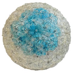 Barovier Toso Flush Mount Murano Glass Clear and Turquoise Color Flowers, 1960s