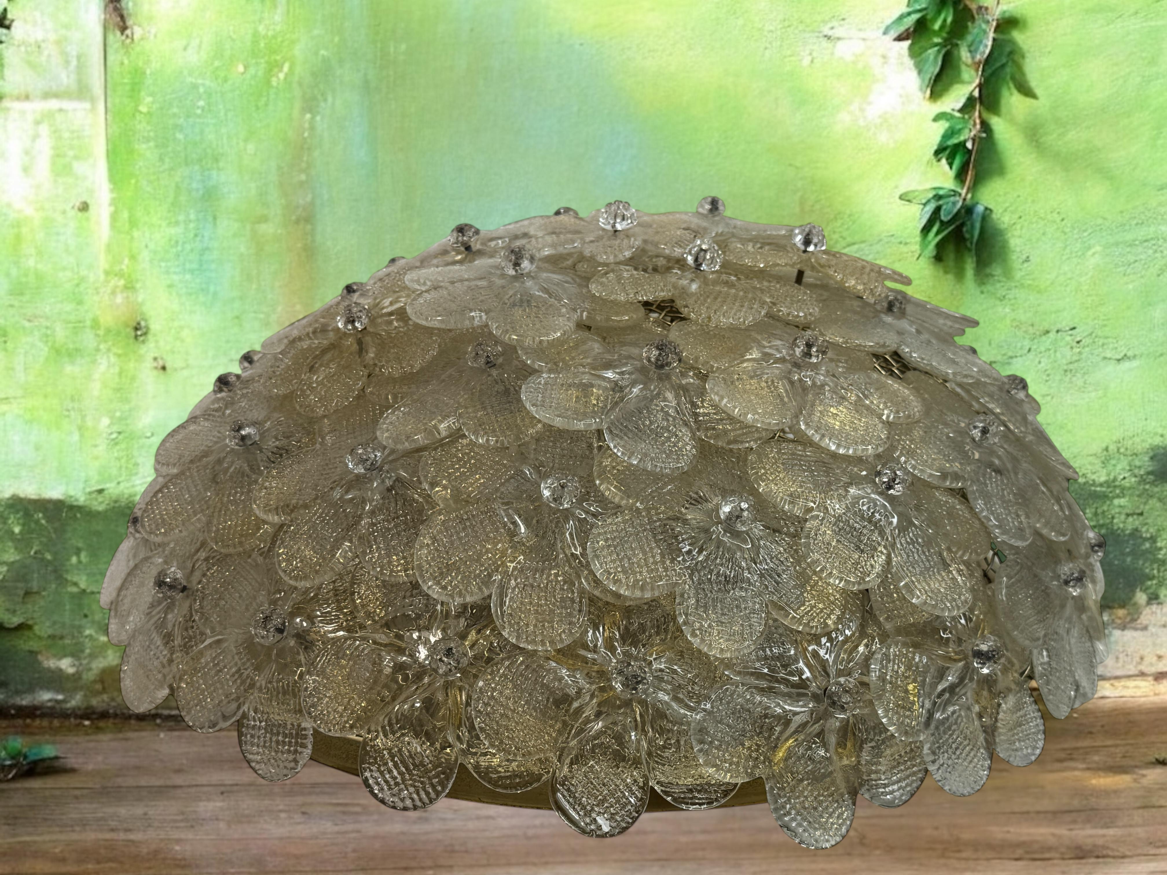 Barovier Toso Flush Mount Murano Glass Gold and Clear Color Flowers, 1960s For Sale 5