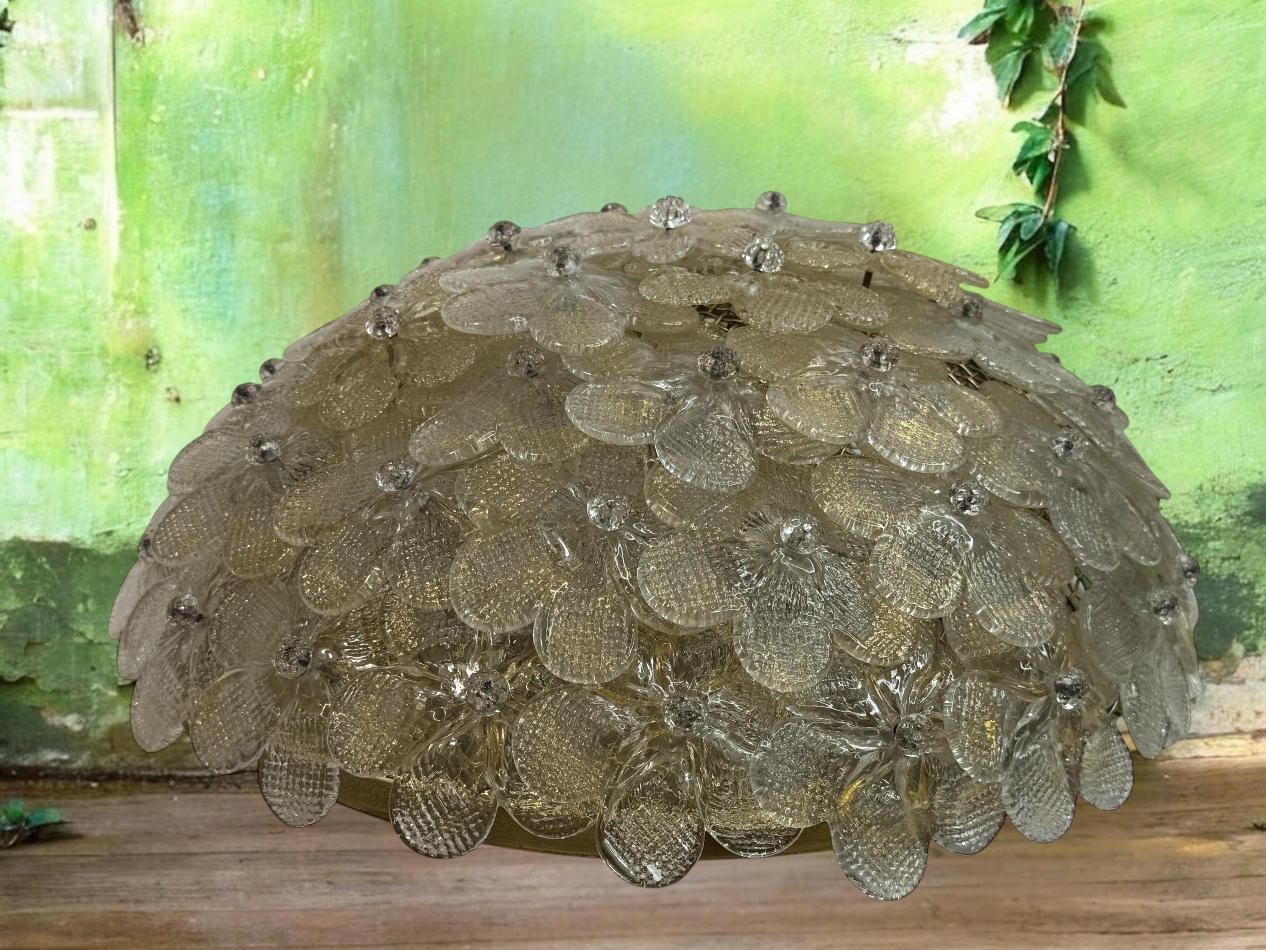 Barovier Toso Flush Mount Murano Glass Gold and Clear Color Flowers, 1960s For Sale 7