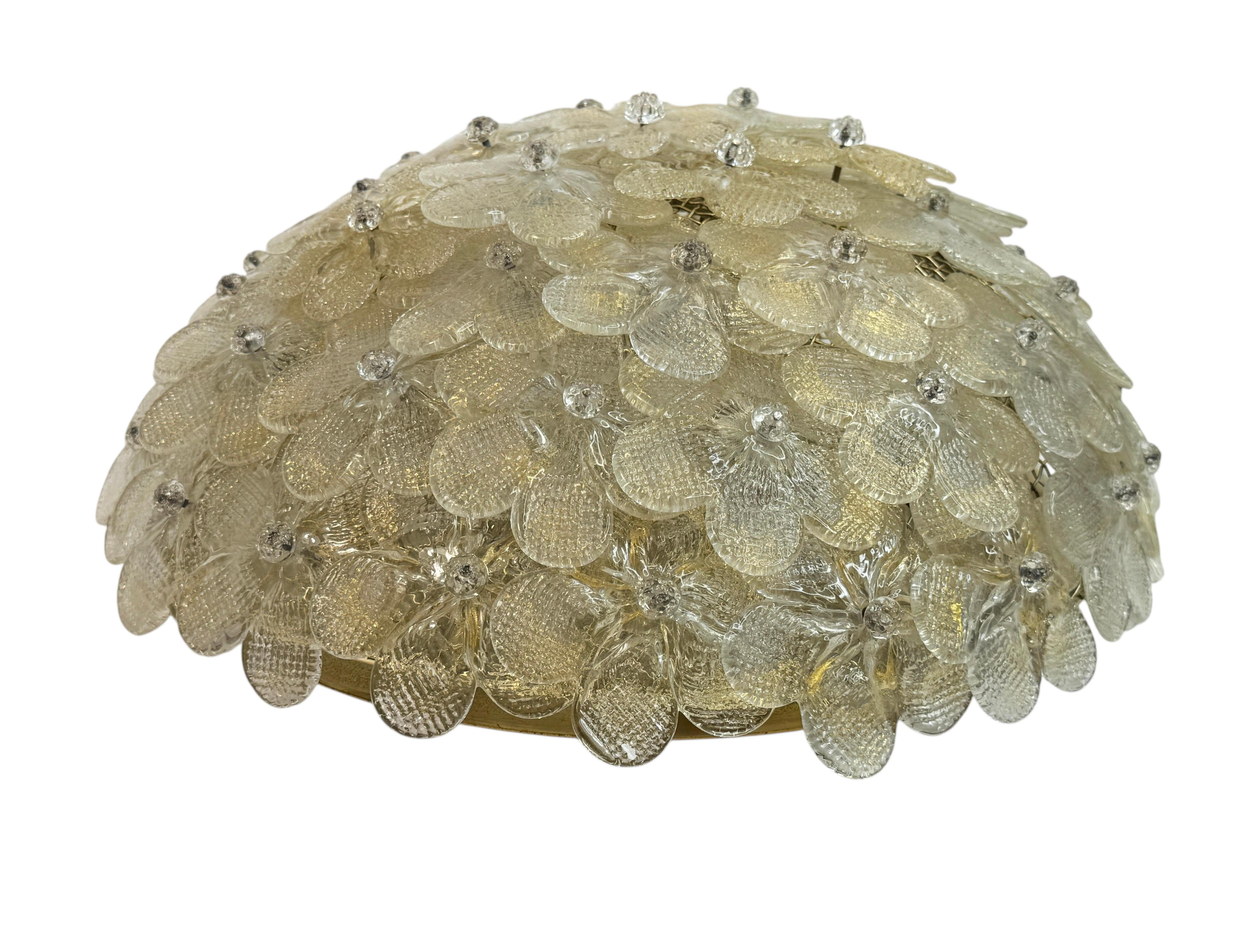 Modern Barovier Toso Flush Mount Murano Glass Gold and Clear Color Flowers, 1960s For Sale