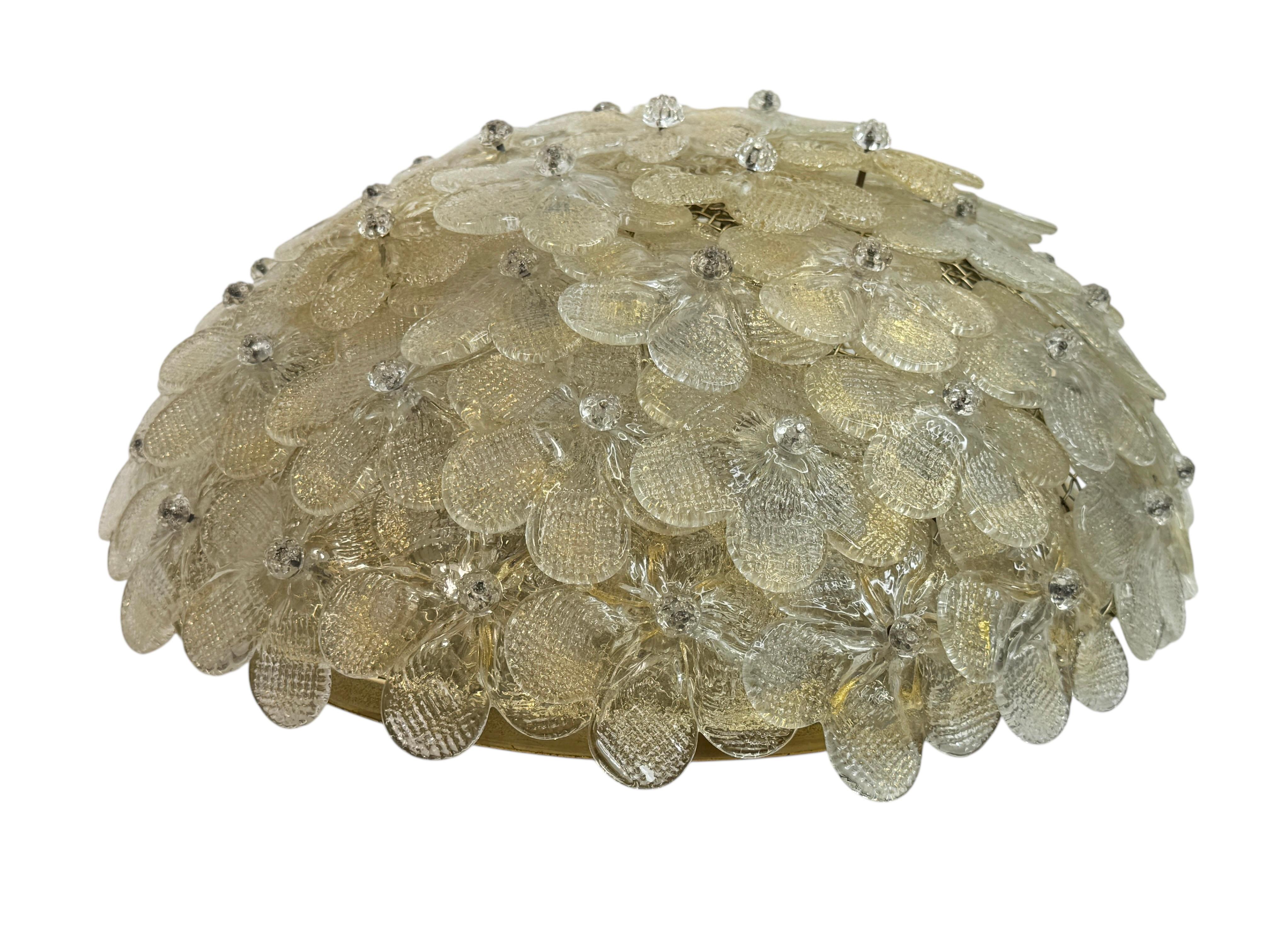 Italian Barovier Toso Flush Mount Murano Glass Gold and Clear Color Flowers, 1960s For Sale