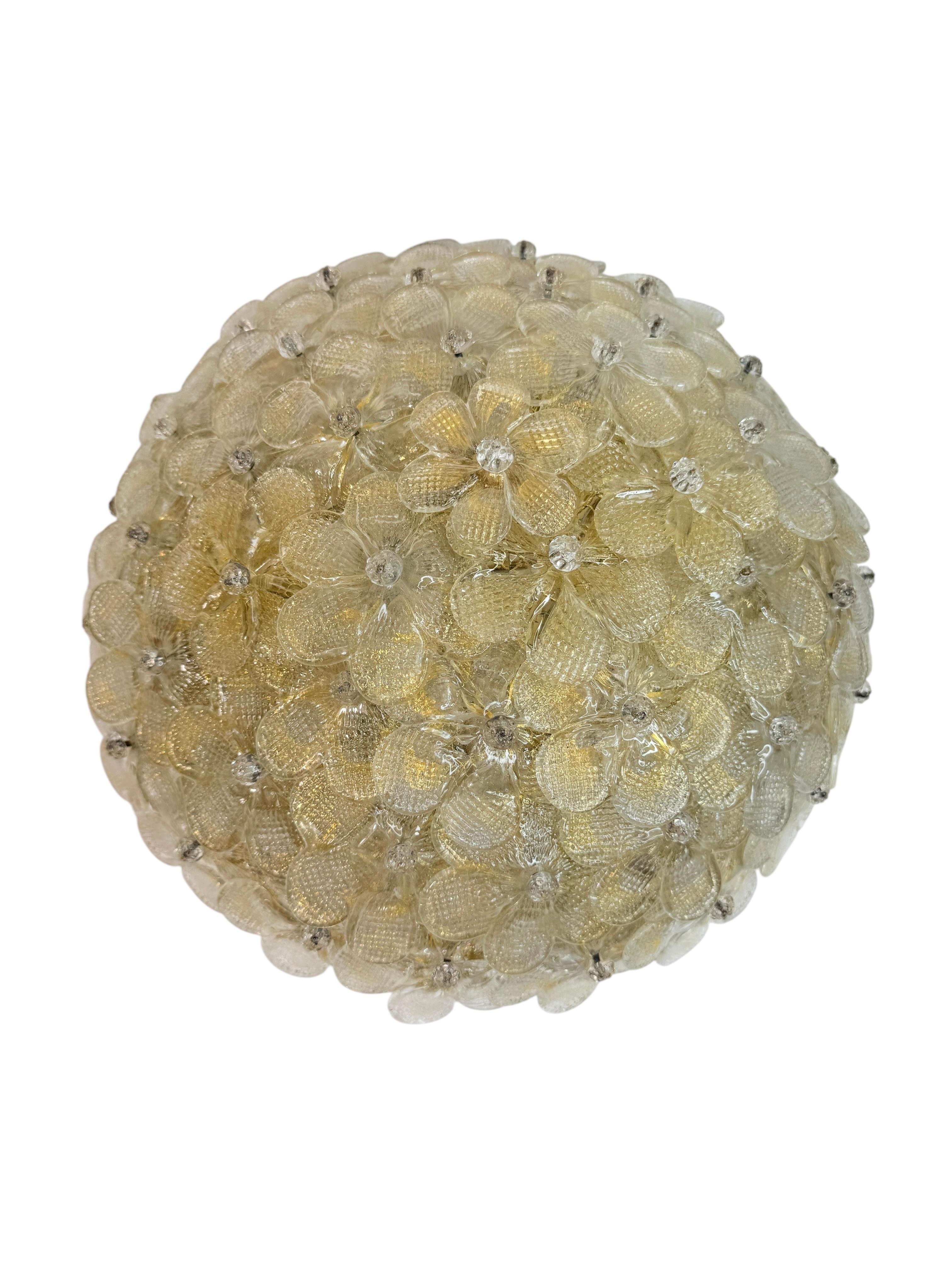 Mid-20th Century Barovier Toso Flush Mount Murano Glass Gold and Clear Color Flowers, 1960s For Sale