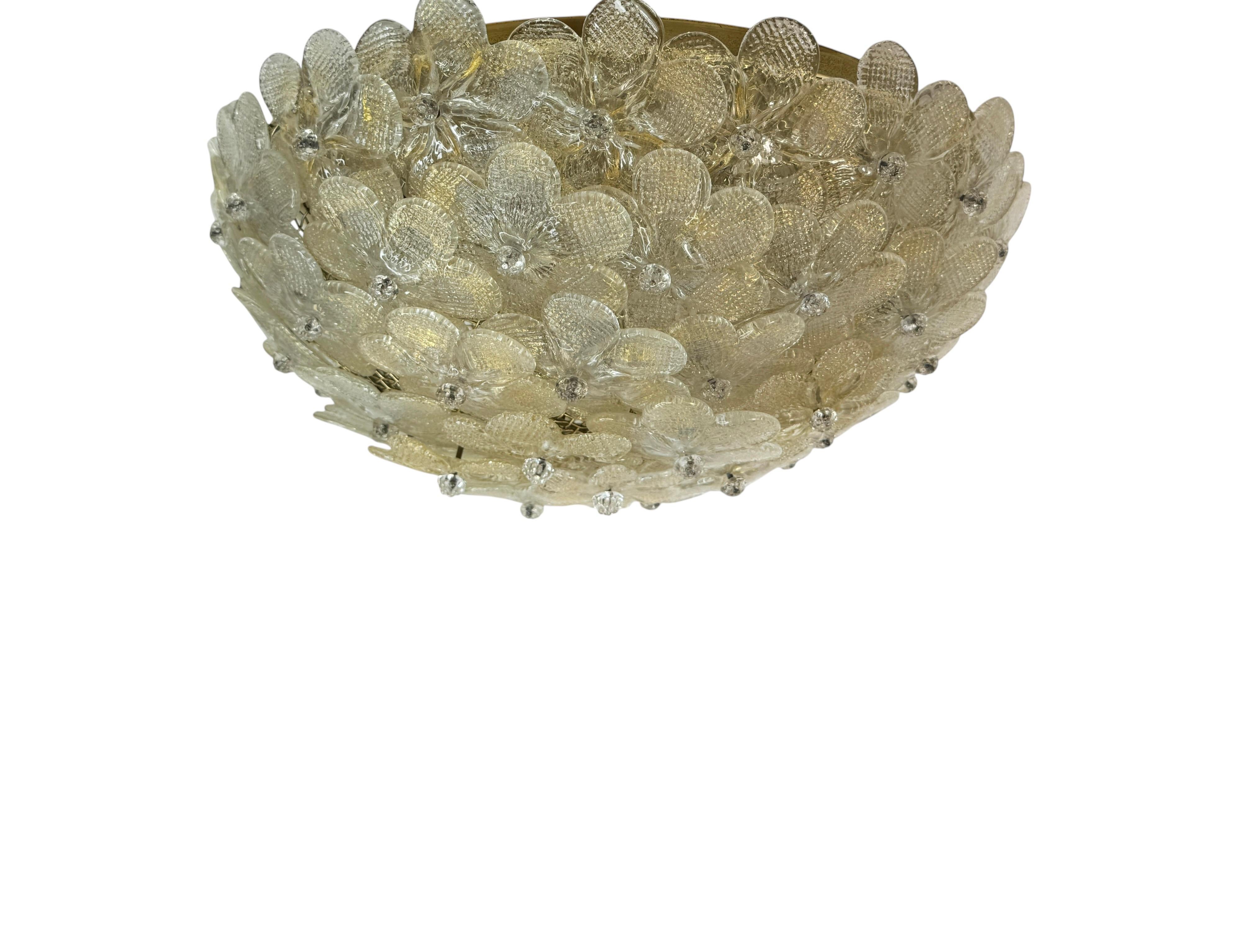 Barovier Toso Flush Mount Murano Glass Gold and Clear Color Flowers, 1960s For Sale 1