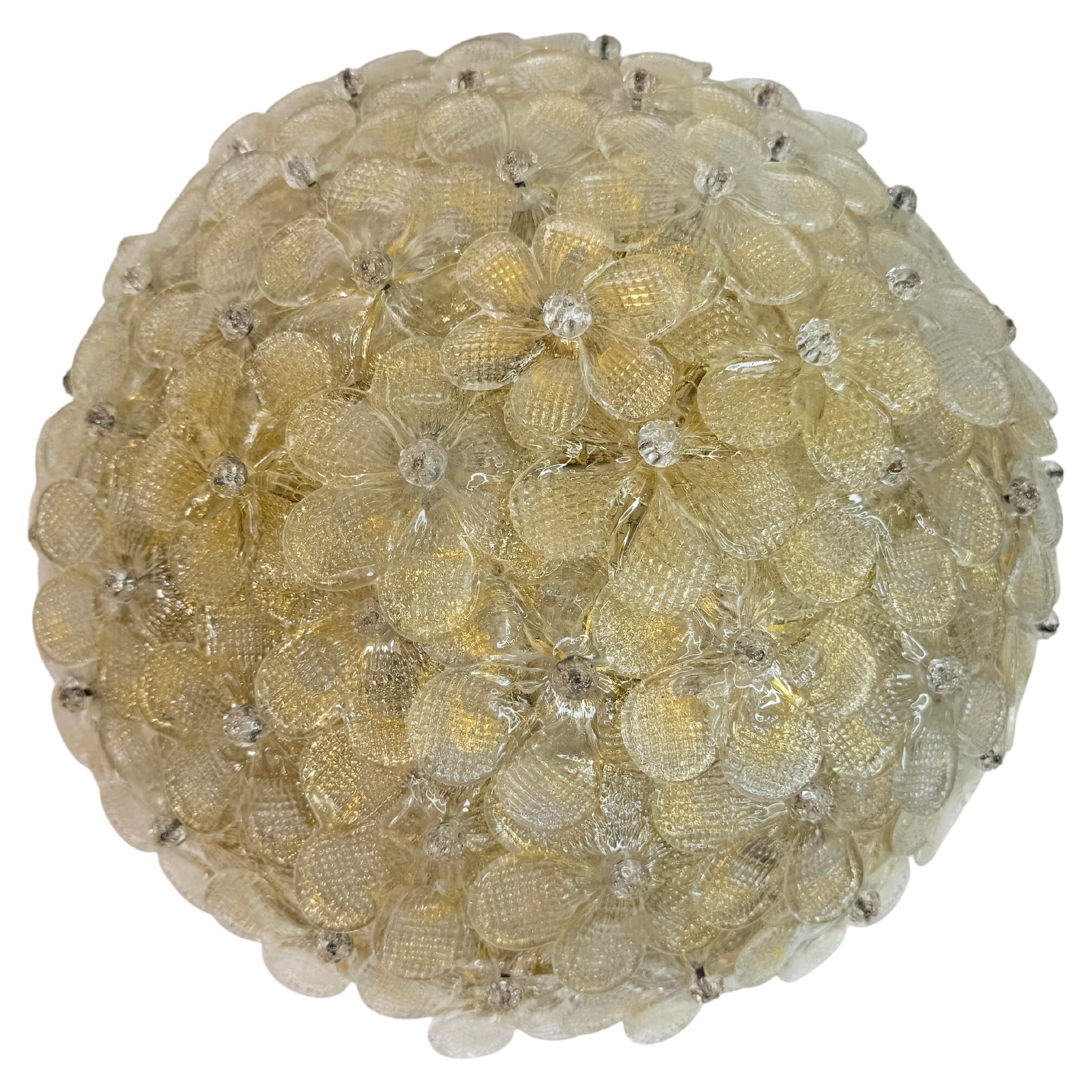 Barovier Toso Flush Mount Murano Glass Gold and Clear Color Flowers, 1960s For Sale
