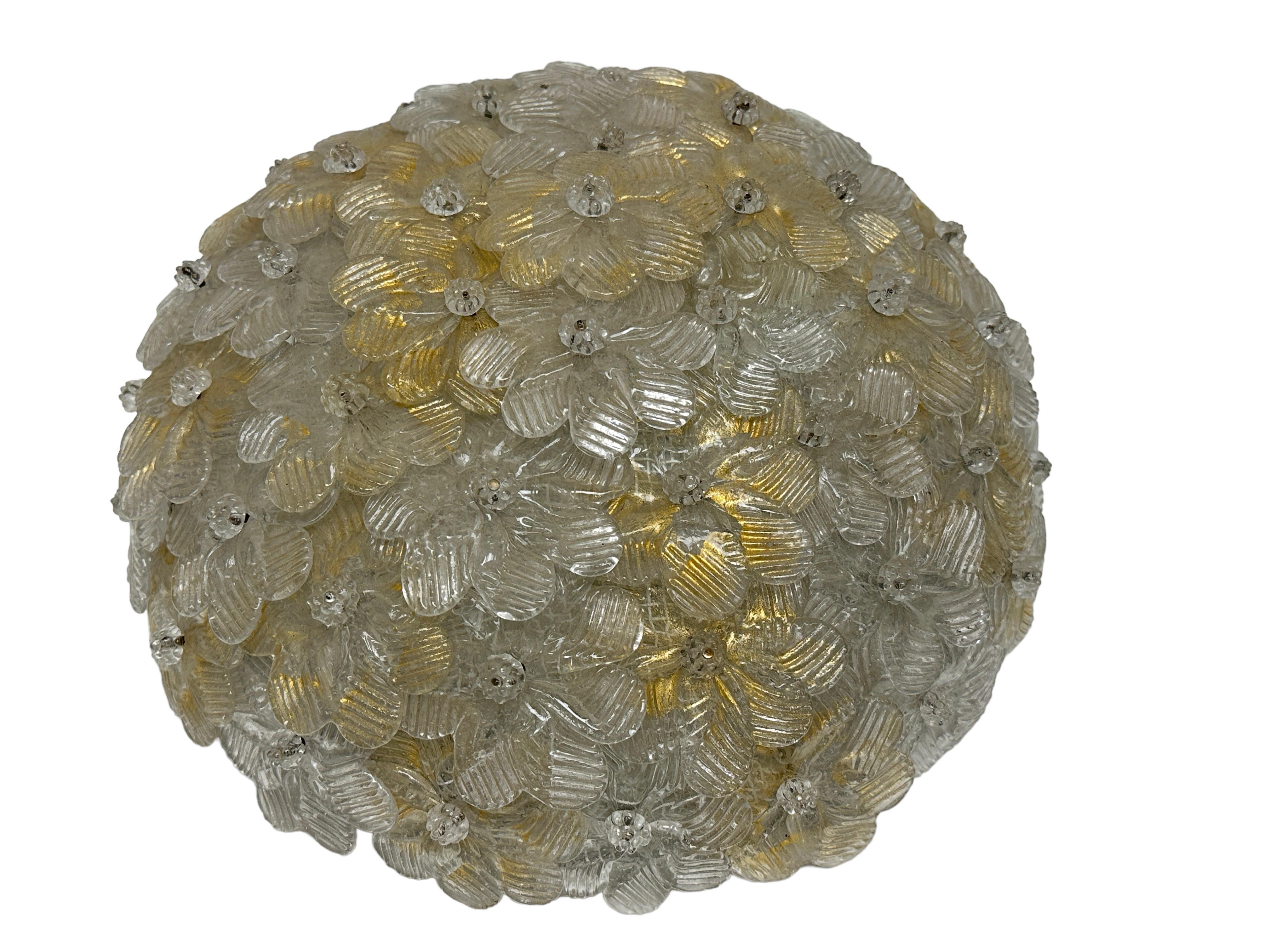 Modern Barovier Toso Flush Mount Murano Glass Gold and Ice Flowers Basket, 1950s For Sale