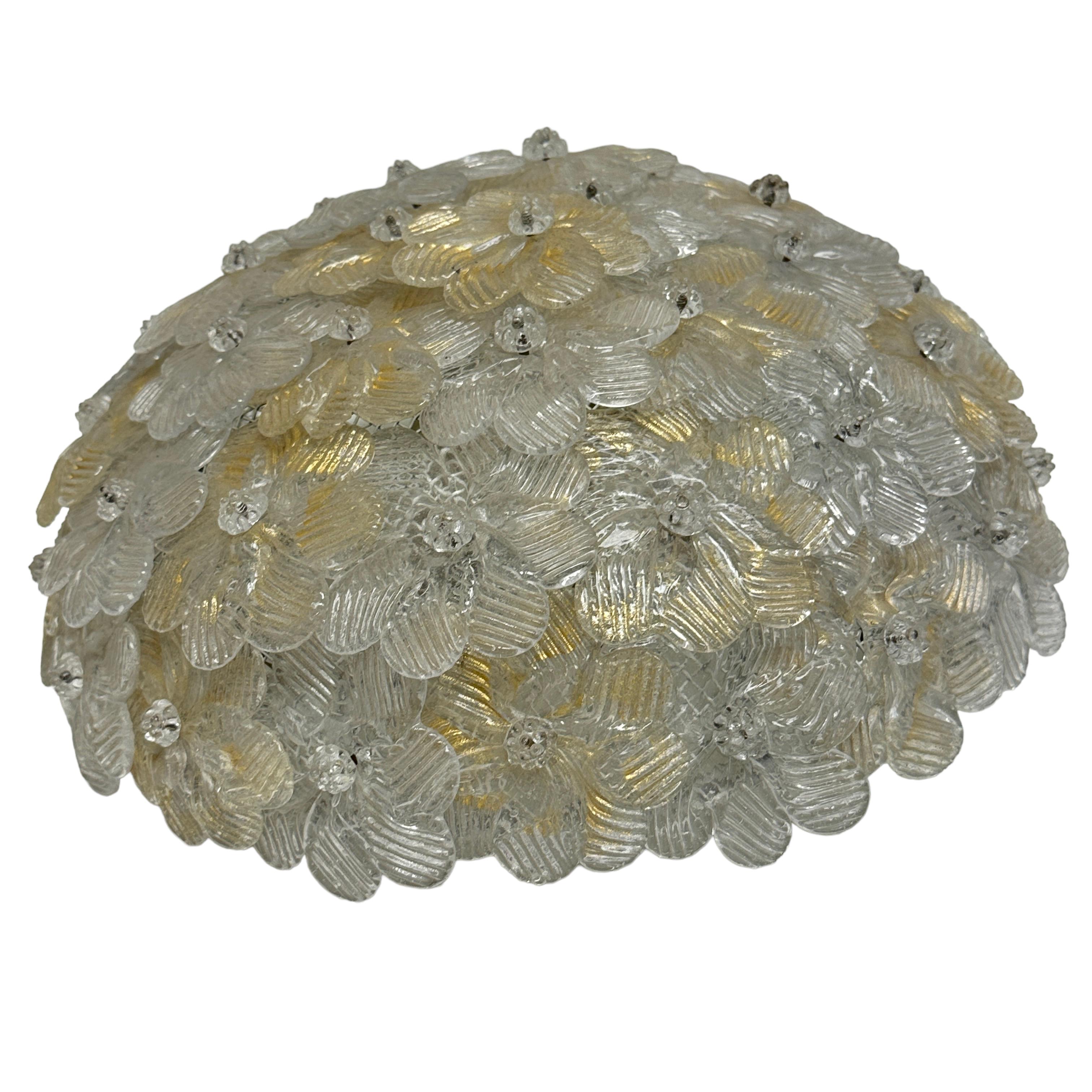 Modern Barovier Toso Flush Mount Murano Glass Gold and Ice Flowers Basket, 1950s