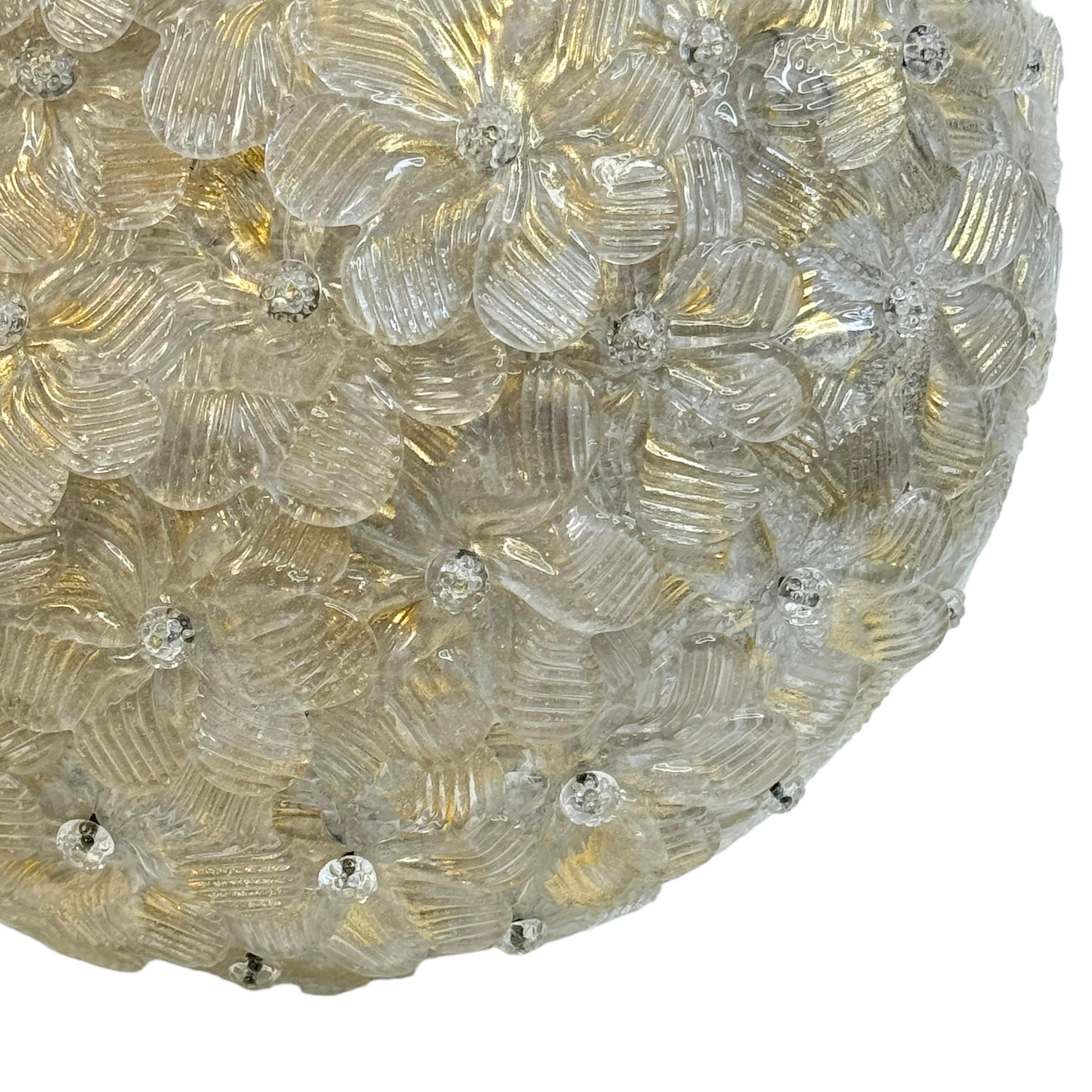 Modern Barovier Toso Flush Mount Murano Glass Gold and Ice Flowers Basket, 1950s