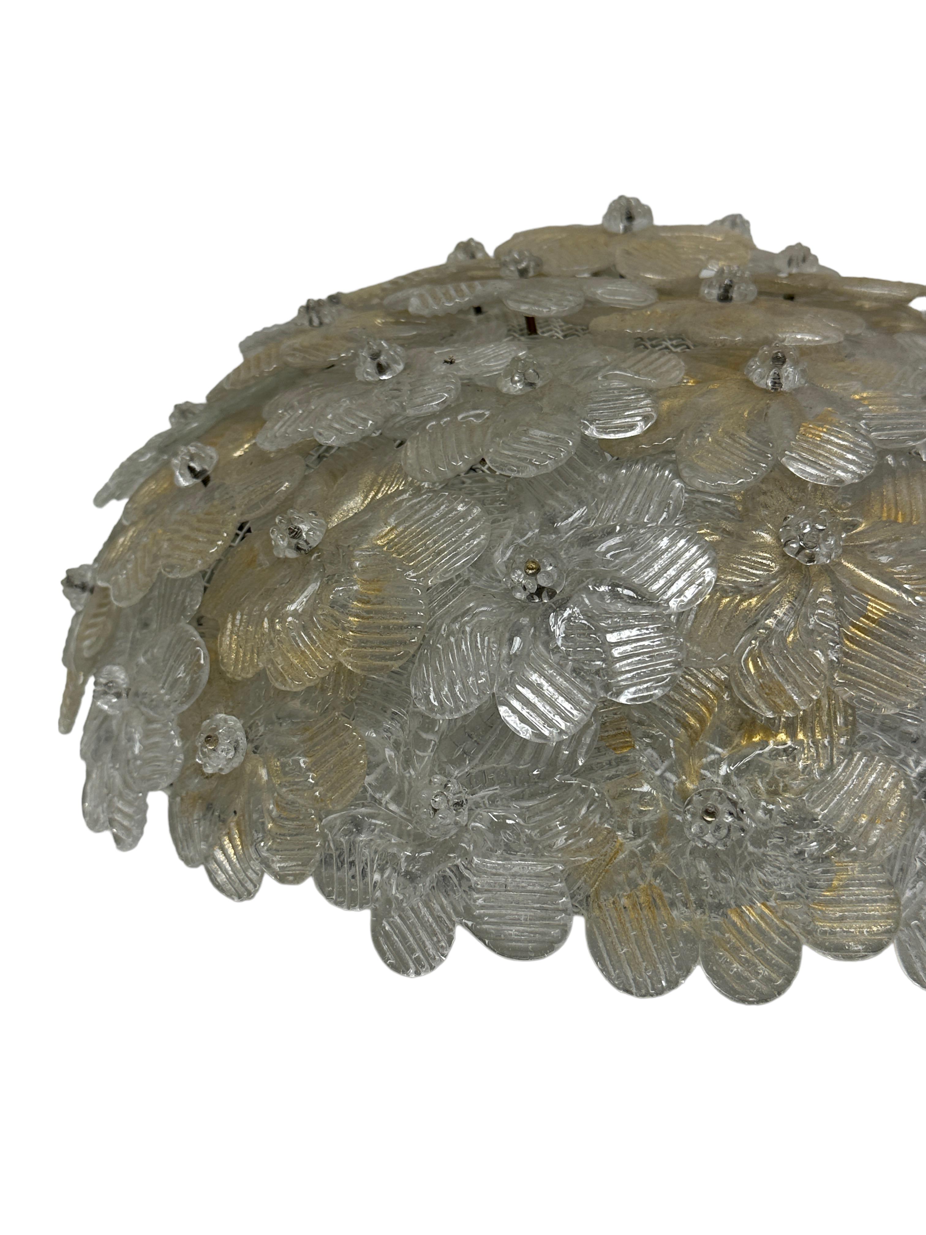 Mid-20th Century Barovier Toso Flush Mount Murano Glass Gold and Ice Flowers Basket, 1950s For Sale