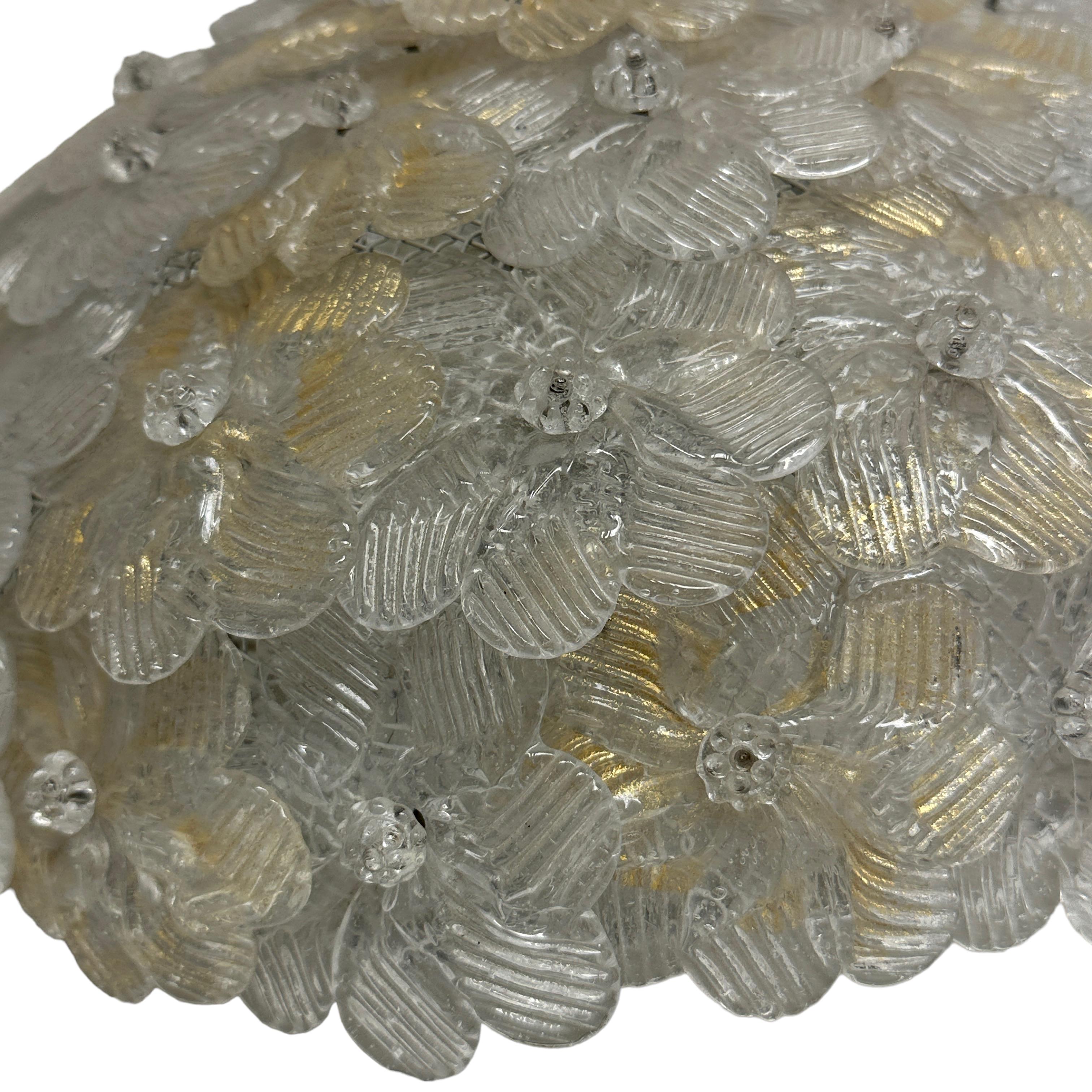 Mid-20th Century Barovier Toso Flush Mount Murano Glass Gold and Ice Flowers Basket, 1950s