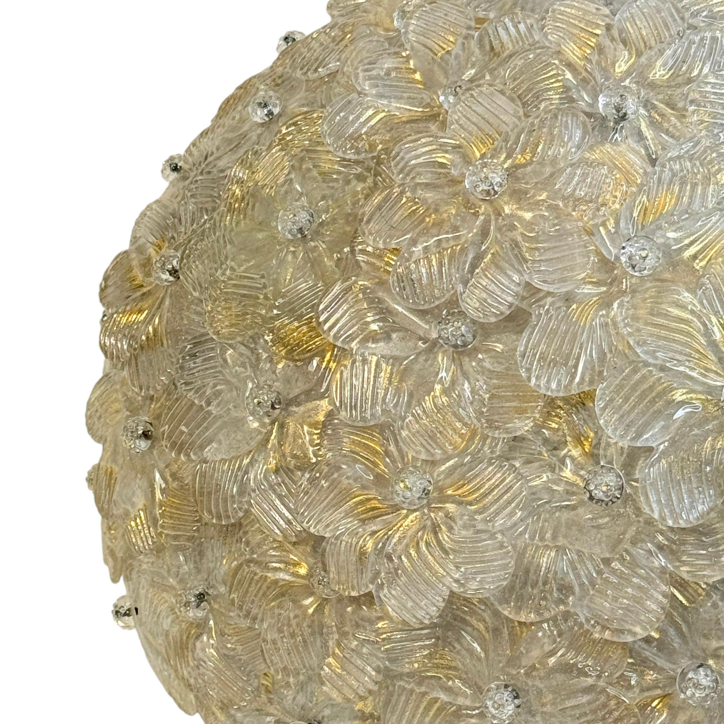 Mid-20th Century Barovier Toso Flush Mount Murano Glass Gold and Ice Flowers Basket, 1950s