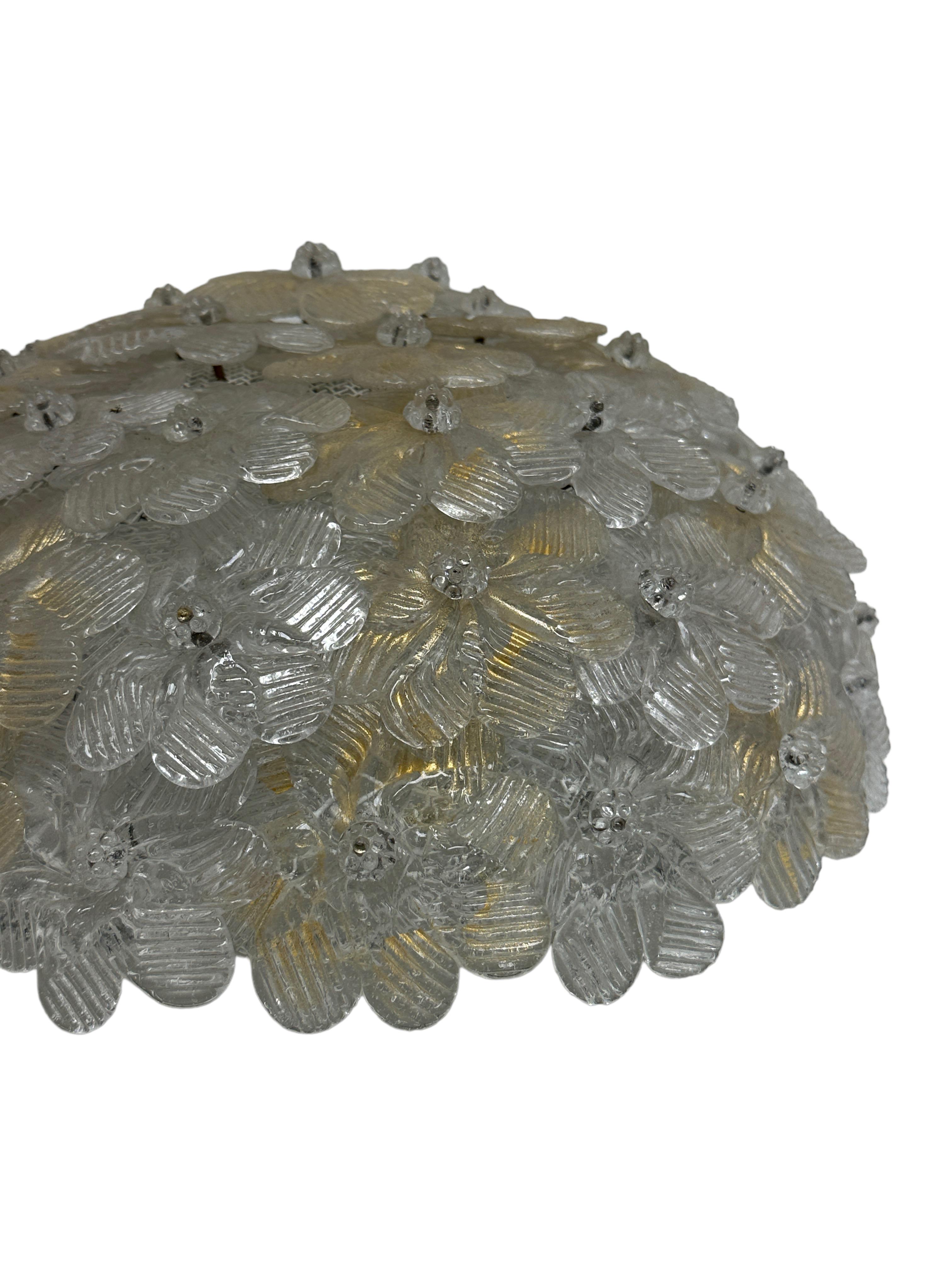 Metal Barovier Toso Flush Mount Murano Glass Gold and Ice Flowers Basket, 1950s For Sale