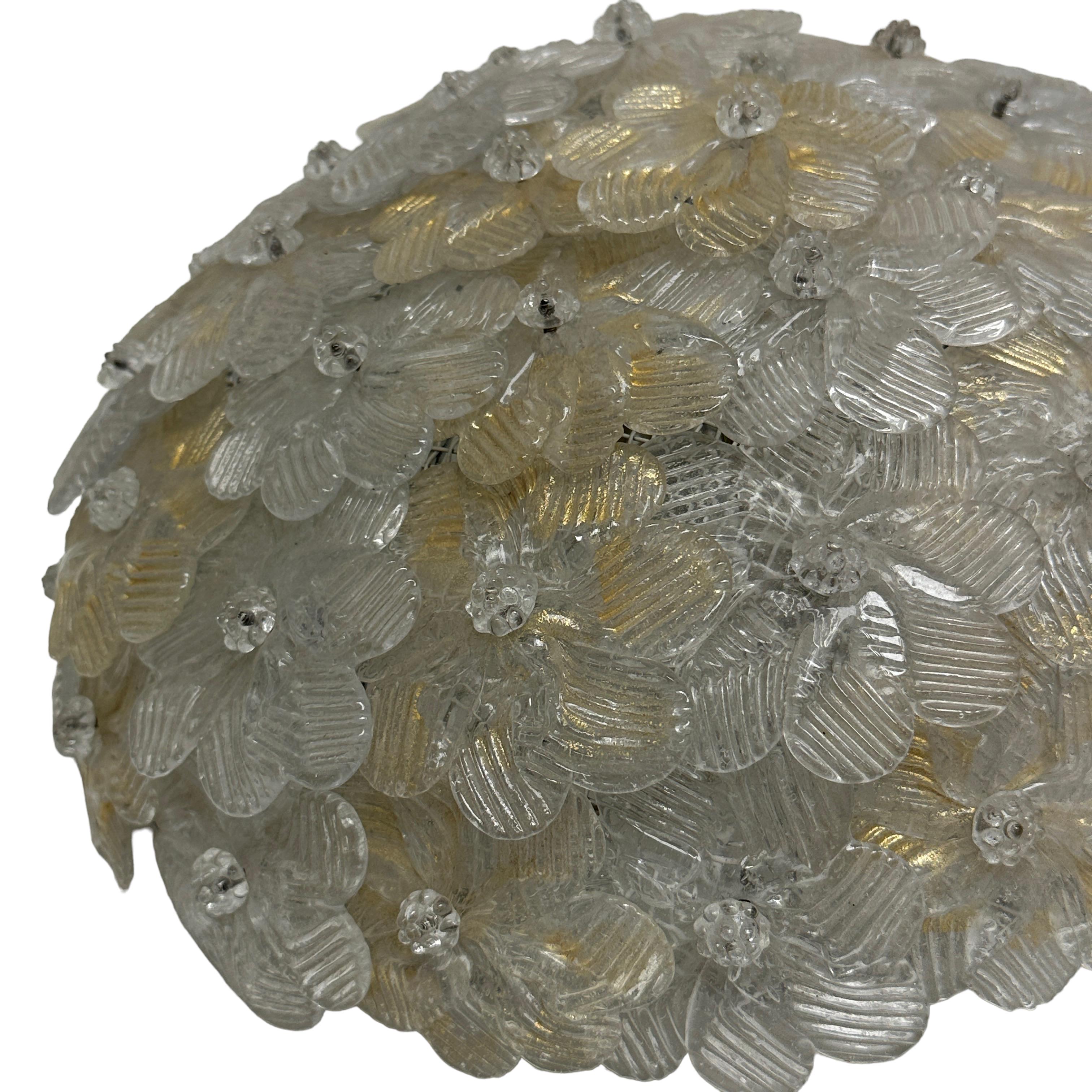 Metal Barovier Toso Flush Mount Murano Glass Gold and Ice Flowers Basket, 1950s
