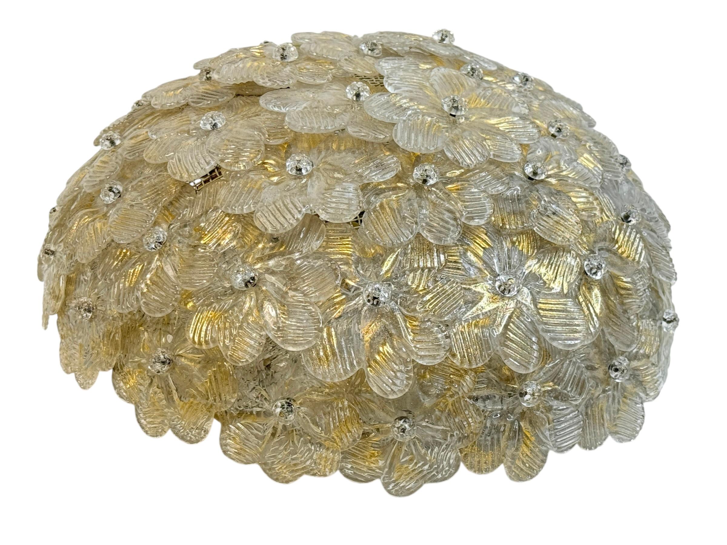 Metal Barovier Toso Flush Mount Murano Glass Gold and Ice Flowers Basket, 1950s