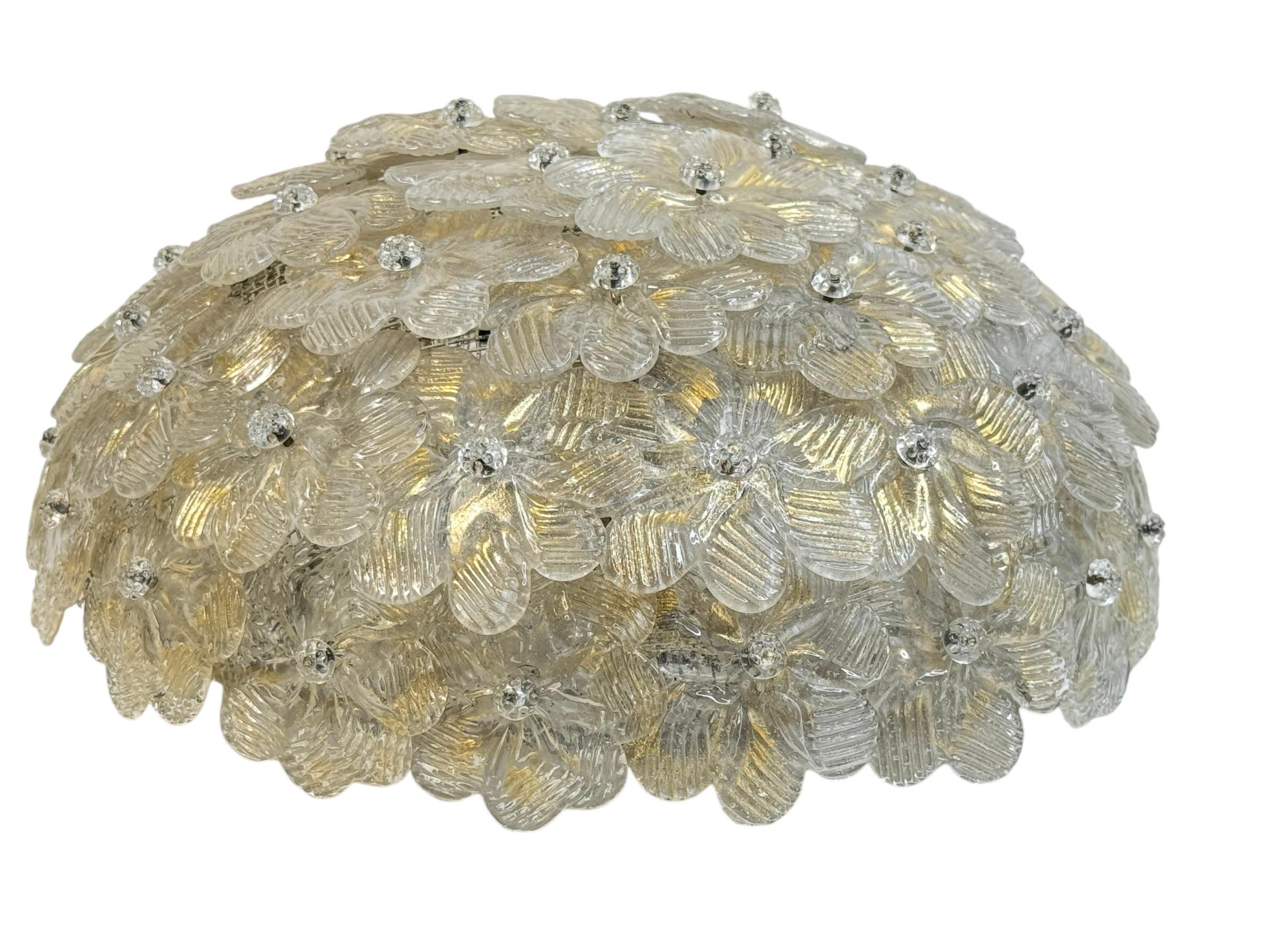Barovier Toso Flush Mount Murano Glass Gold and Ice Flowers Basket, 1950s 1