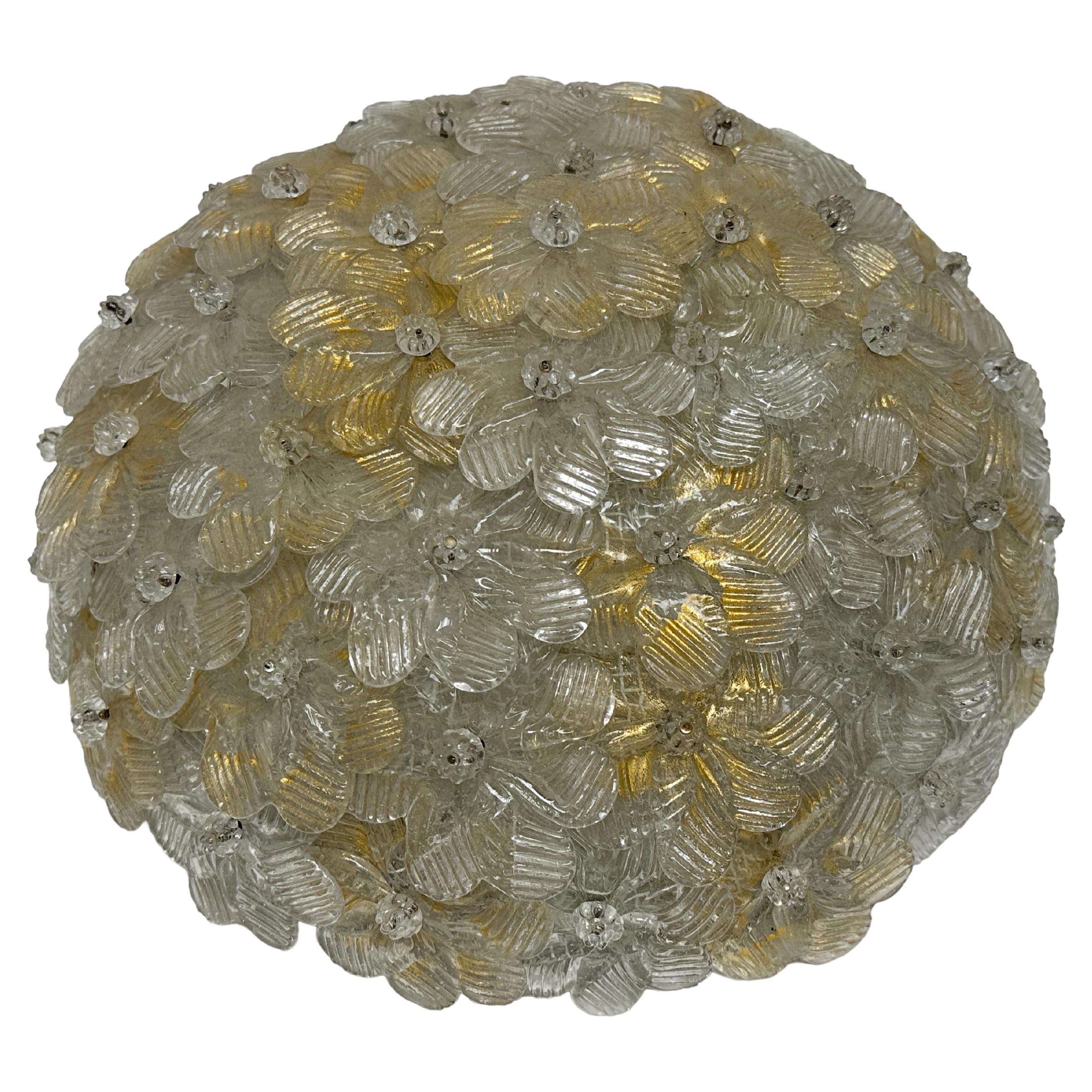 Barovier Toso Flush Mount Murano Glass Gold and Ice Flowers Basket, 1950s