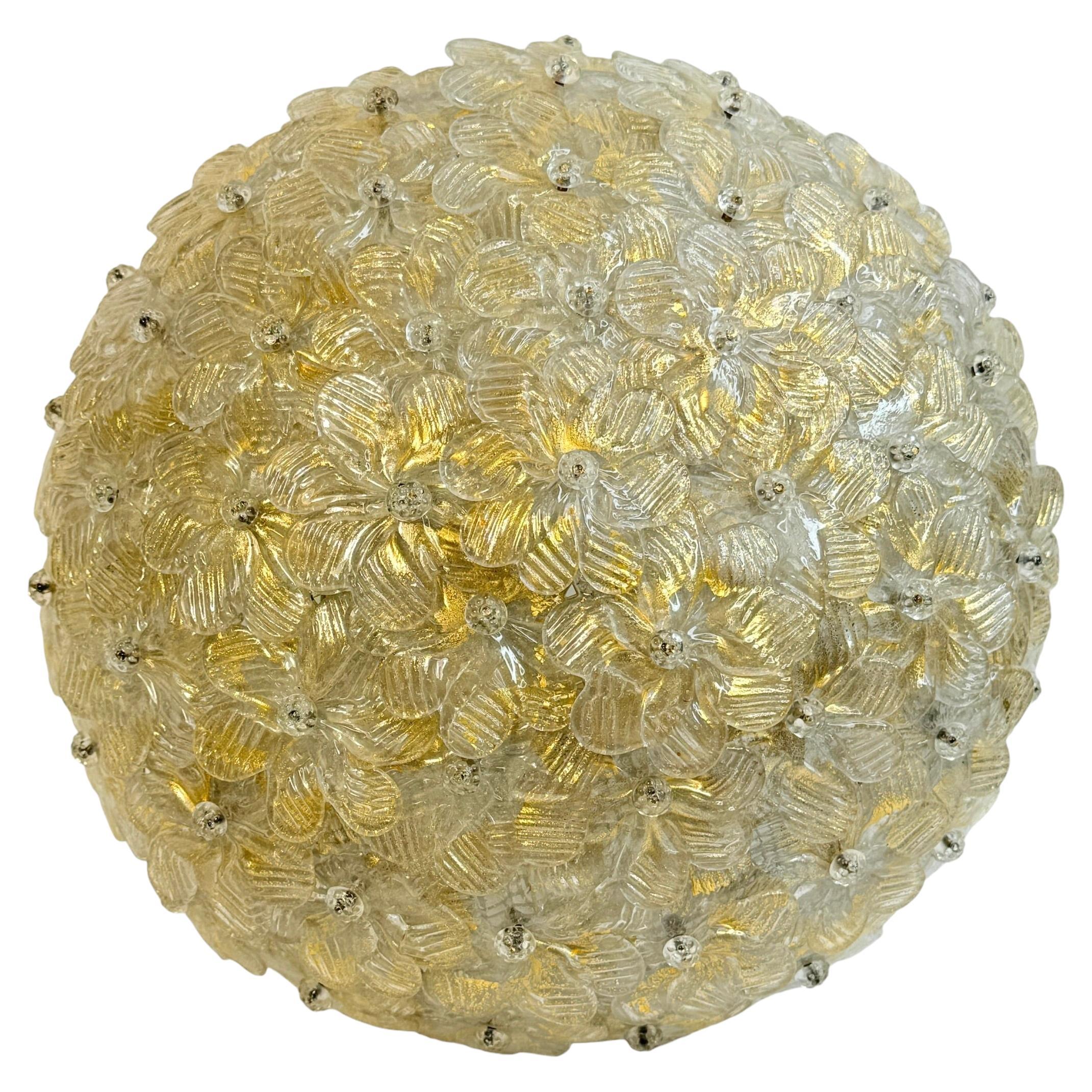Barovier&Toso, panier de fleurs en verre de Murano doré et glacé, années 1950