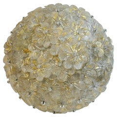 Barovier Toso Flush Mount Murano Glass Gold and Ice Flowers Basket, 1950s