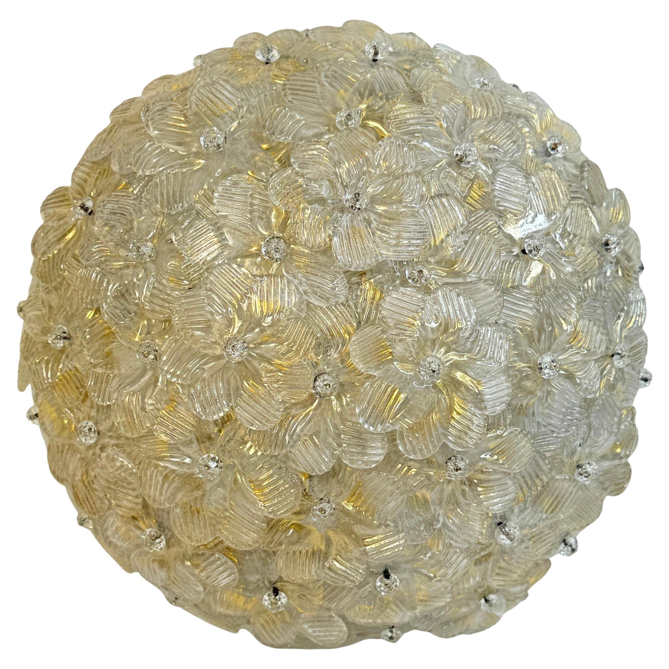 Barovier&Toso, panier de fleurs en verre de Murano doré et glacé, années 1950