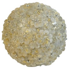 Barovier Toso Flush Mount Murano Glass Gold and Ice Flowers Basket, 1950s