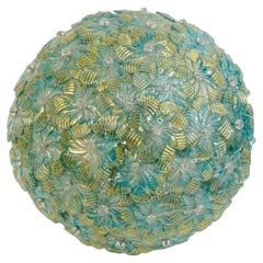 Barovier Toso Flush Mount Murano Glass Gold and Turquoise Color Flowers, 1950s