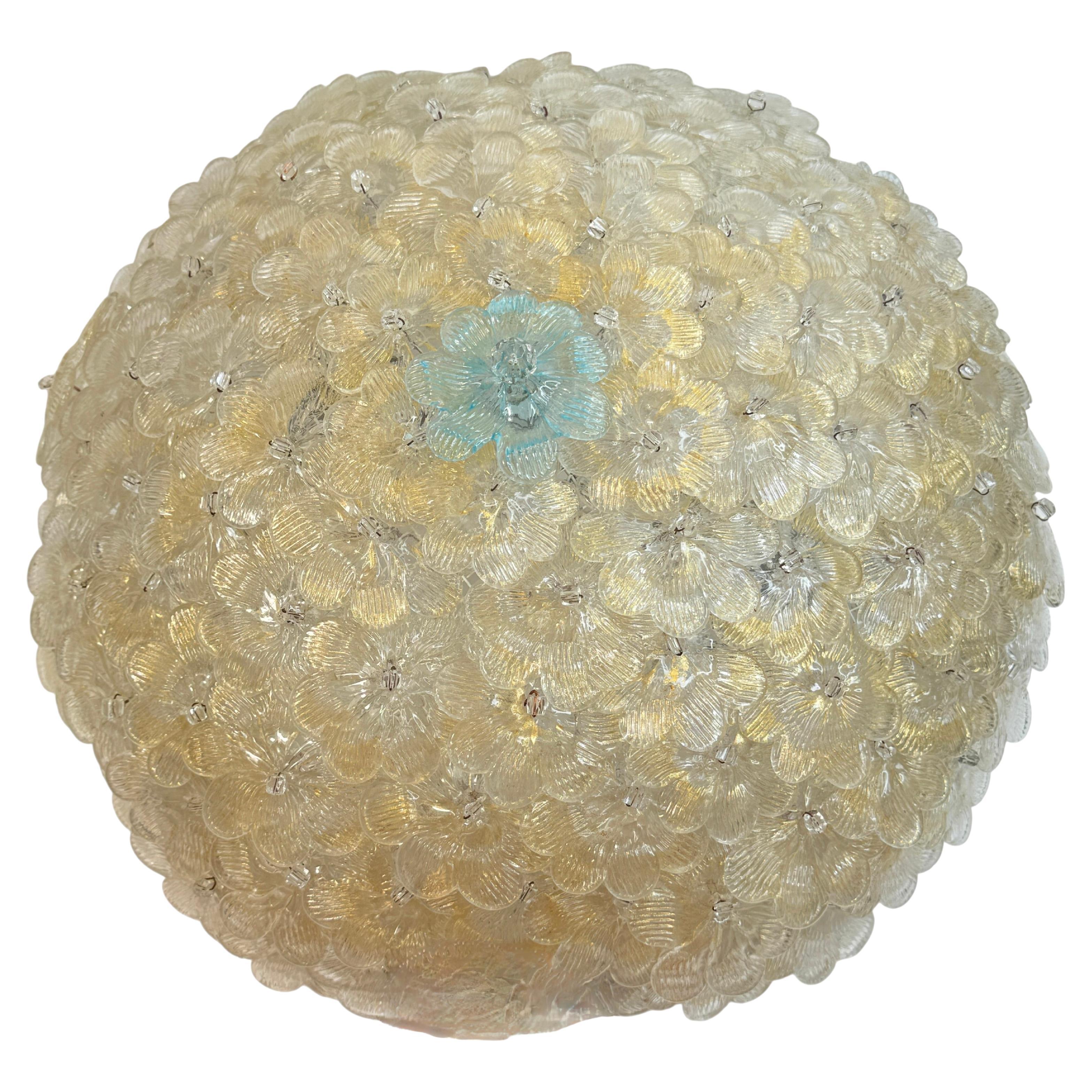 Barovier Toso Flush Mount Murano Glass Gold and Turquoise Color Flowers, 1950s