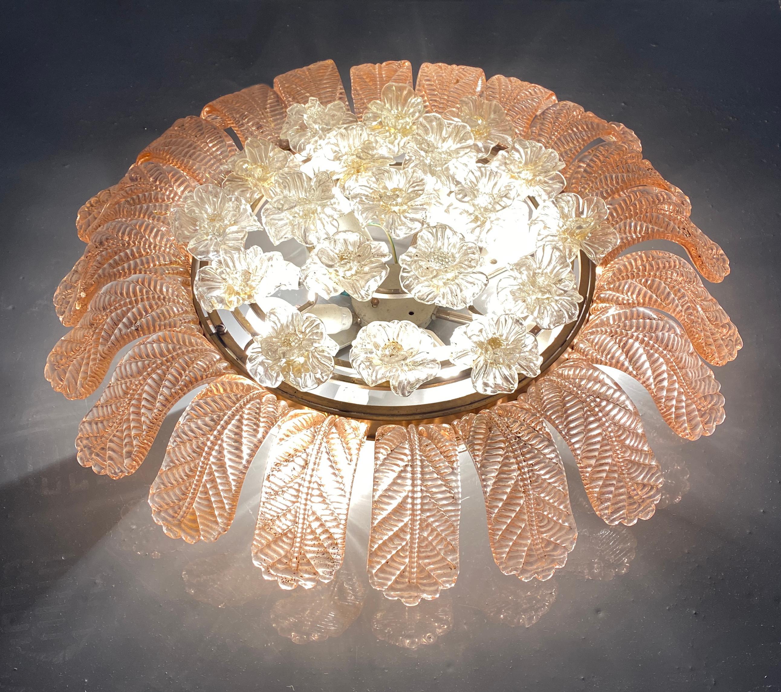 Italian Barovier & Toso Glass Flower Flush Mount With Pink Leaves, Italy Mid Century For Sale