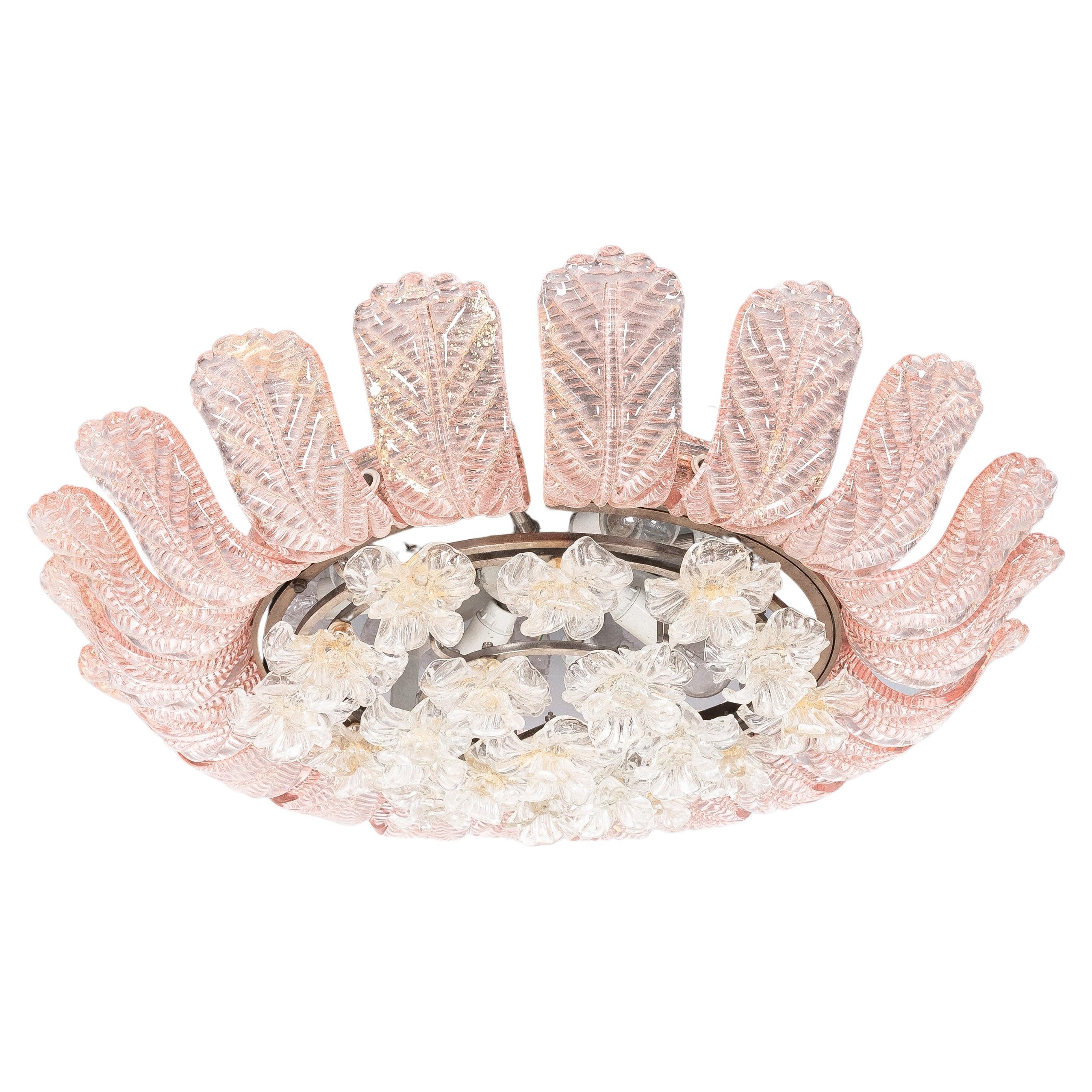 Barovier & Toso Glass Flower Flush Mount With Pink Leaves, Italy Mid Century For Sale