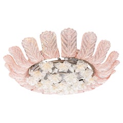 Barovier & Toso Glass Flower Flush Mount With Pink Leaves, Italy Mid Century