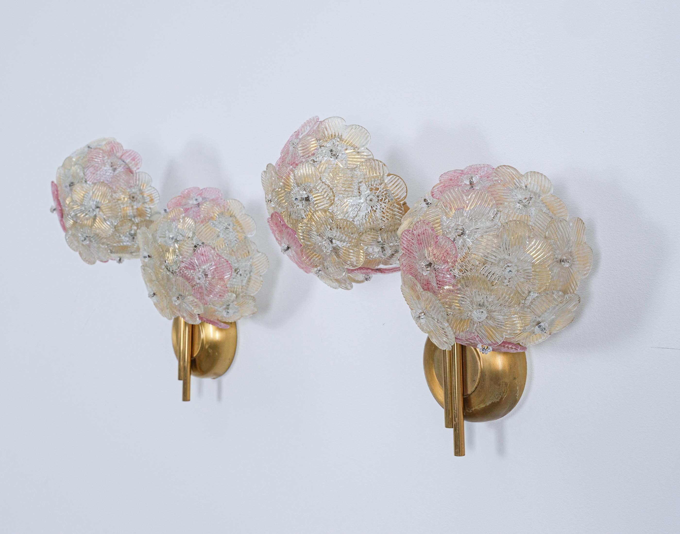 Mid-20th Century Barovier & Toso Glass Flower Wall Lights Sconces, Italy Mid Century For Sale