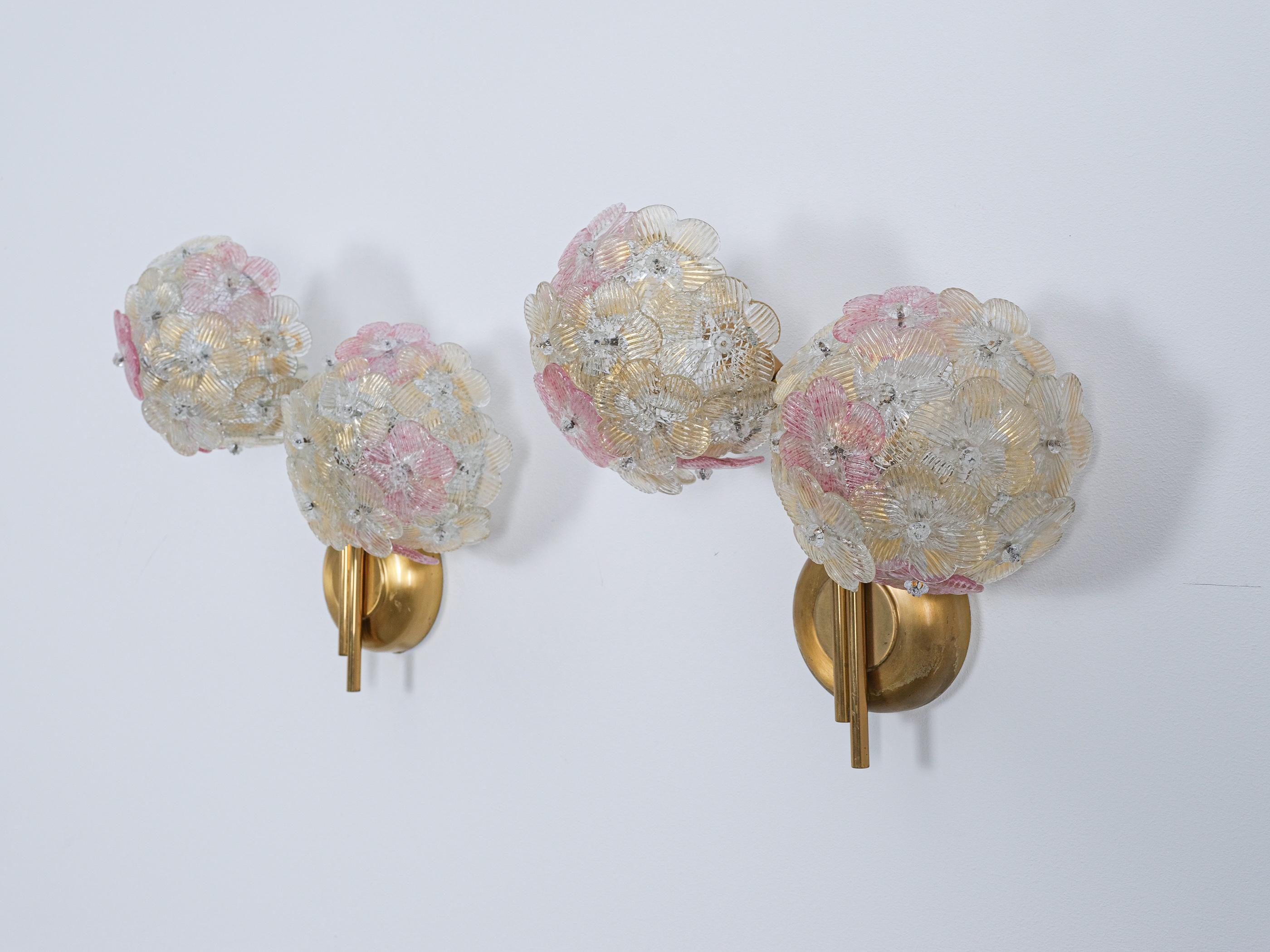 Metal Barovier & Toso Glass Flower Wall Lights Sconces, Italy Mid Century For Sale
