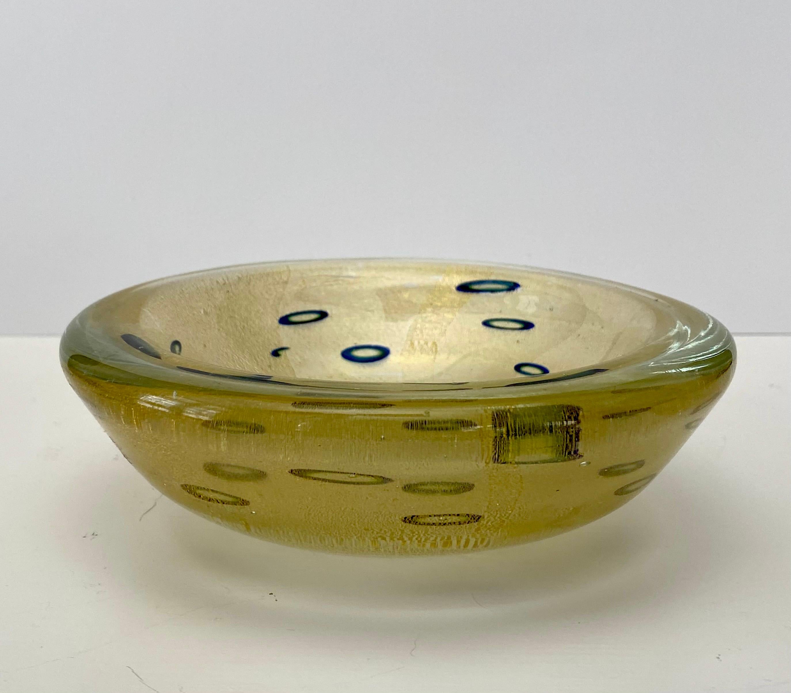 Italian Barovier & Toso Gold Fleck Bowl with Elliptical Murrina Blue Circles For Sale