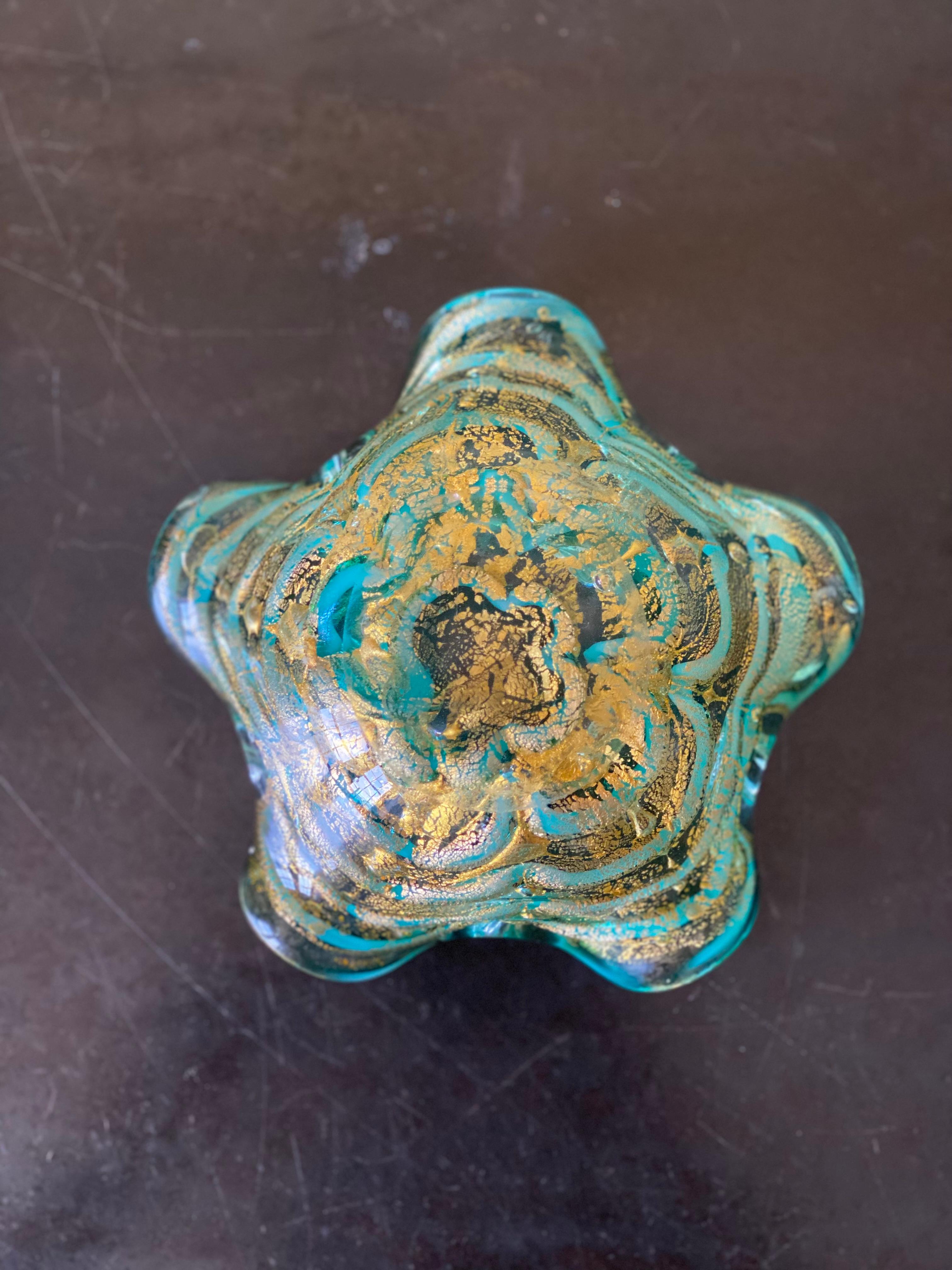 Italian Barovier Toso Green & Gold Striped Murano Glass Bowl For Sale