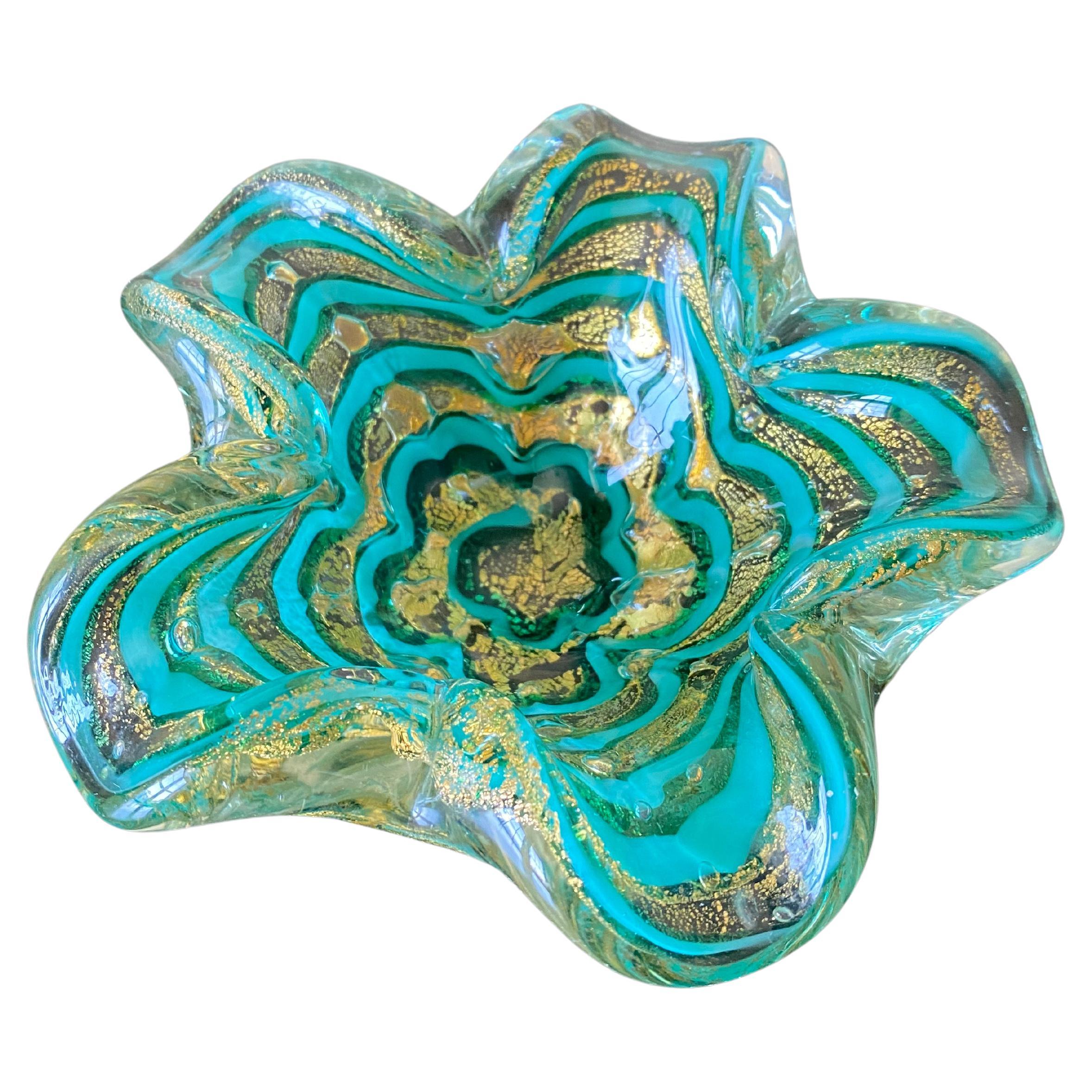 Barovier Toso Green & Gold Striped Murano Glass Bowl For Sale
