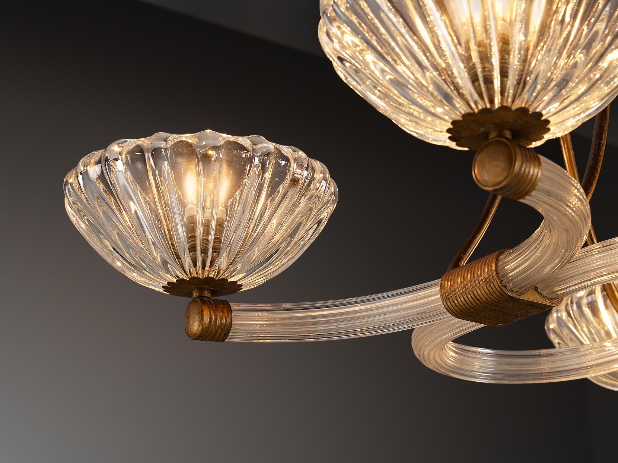 Araña italiana Barovier & Toso de cristal y latón Art Decó en venta