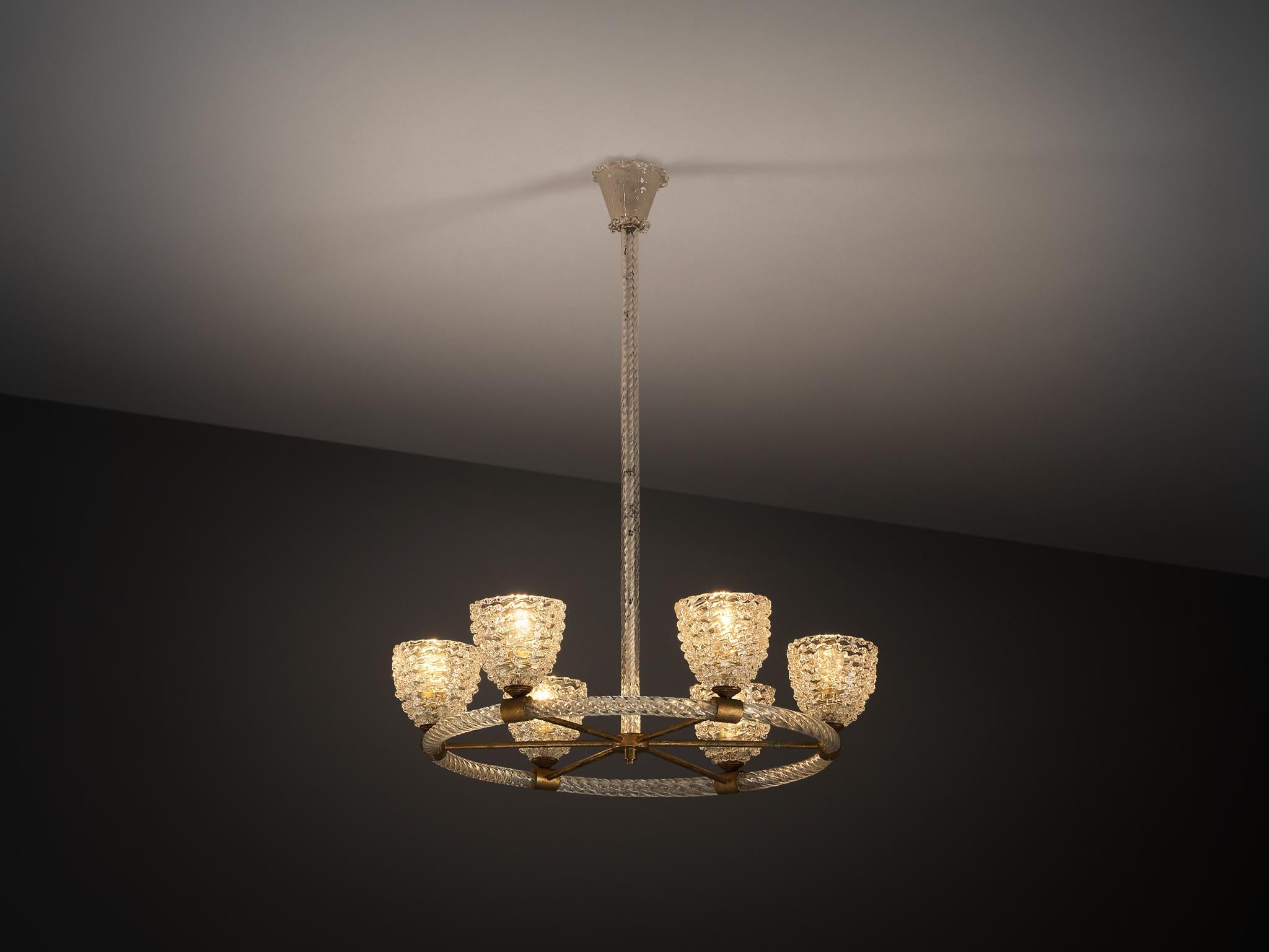 Ottone Lampadario italiano Barovier&Toso in cristallo e ottone in vendita