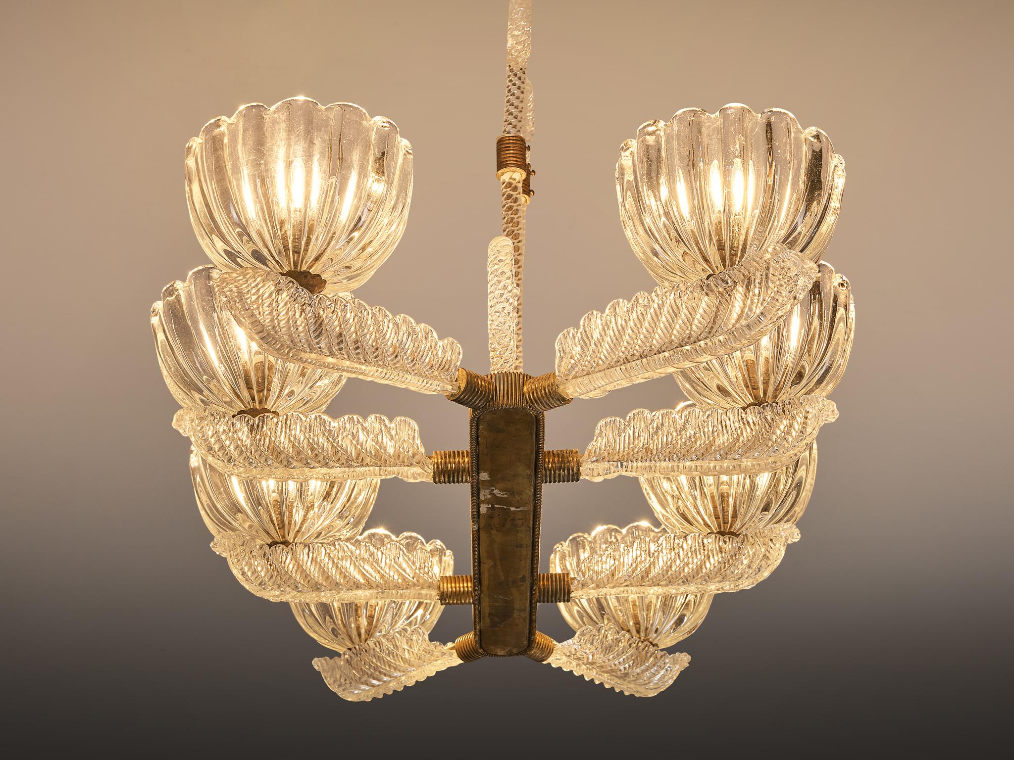 Ottone Lampadario italiano Barovier&Toso in cristallo e ottone in vendita