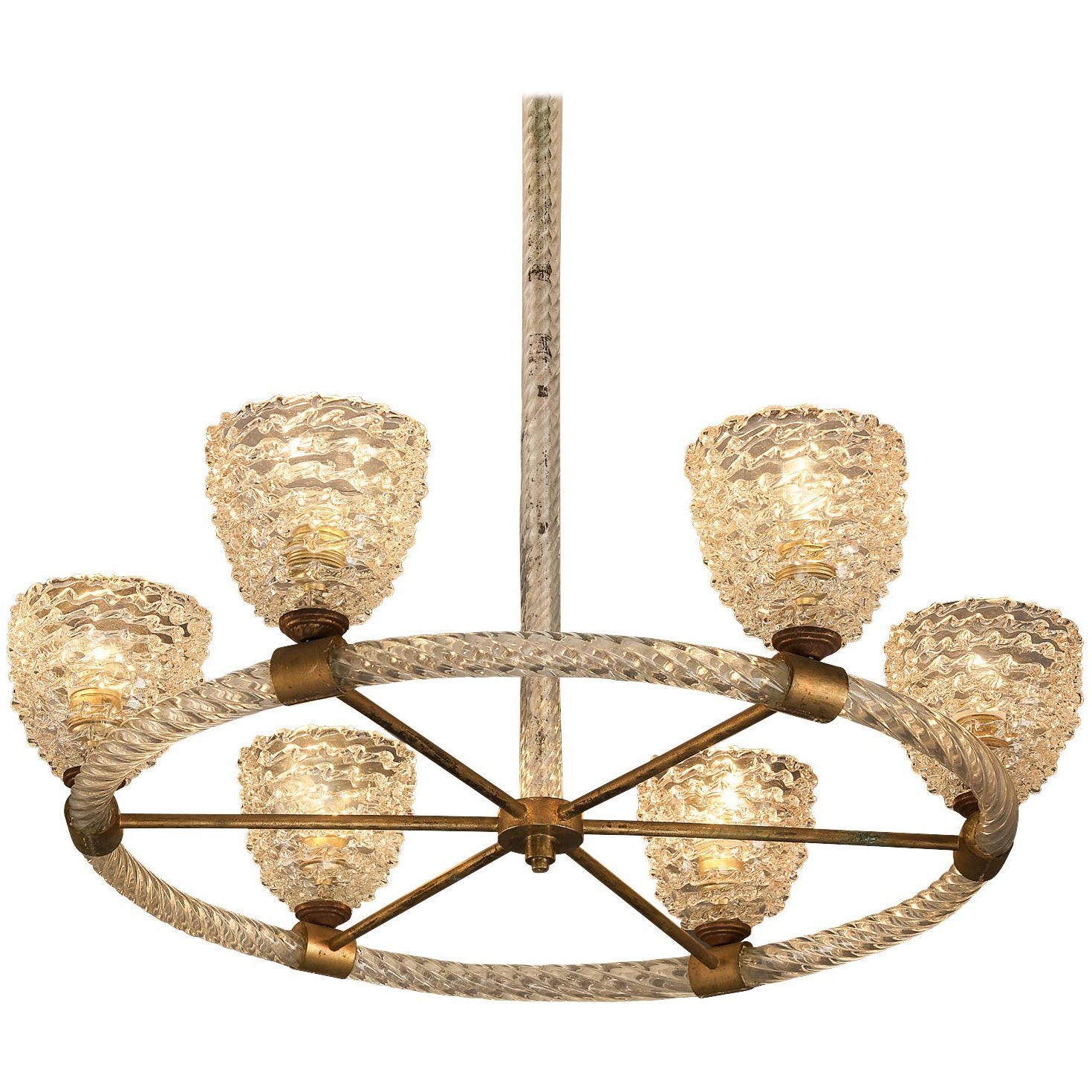 Lampadario italiano Barovier&Toso in cristallo e ottone in vendita